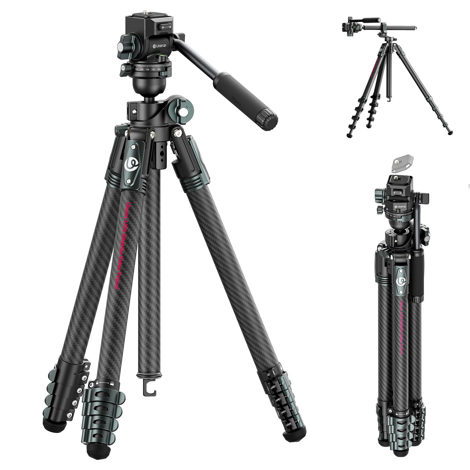 Ulanzi JJ06 GlideGo Treppiede da viaggio in Fibra di Carbonio, Pan&-50°/+60° Tilt Pan, Pesa 1.76kg, Portata 18kg, Altezza 187cm, Uka quick release, Compatto cavalletto fotografico per DSLR/Mirrorless