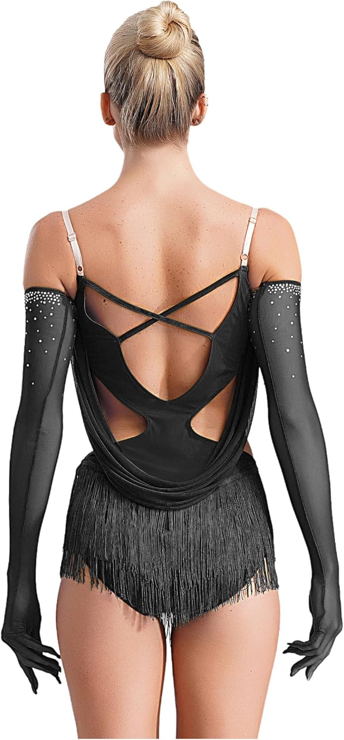 Women's Ruched Mesh Latin Dance Costume Tassel Samba Rumba Salsa Jazz Dance Bodysuit Top with Gloves