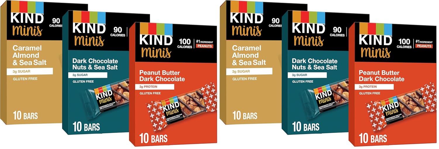 KIND Bar Minis,Variety Pack,Dark Chocolate Nuts and Sea Salt,Peanut Butter,Caramel Almond,Healthy Snacks,3g Protein,Gluten Free,Low Sugar/Calorie Snacks,(Pack of 60)