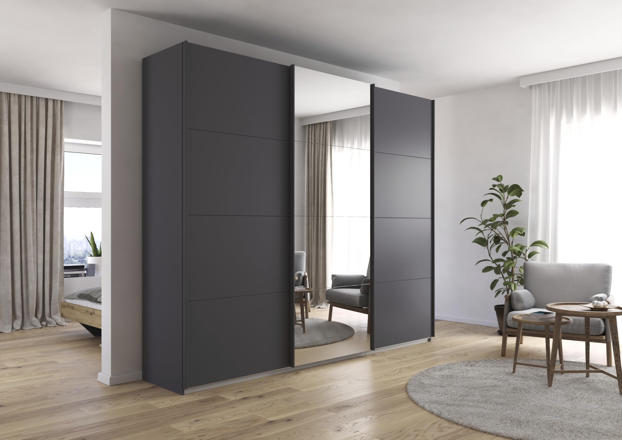 Rauch Möbel KULMBACH, Schwebetürenschrank, Grau metallic, Breite 271 cm | Kleiderschrank mit Schwebetüren, Schiebetüren, 3-türig, mit Spiegel, Zubehör Classic, Schlafzimmer, Jugendzimmer, Garderobe