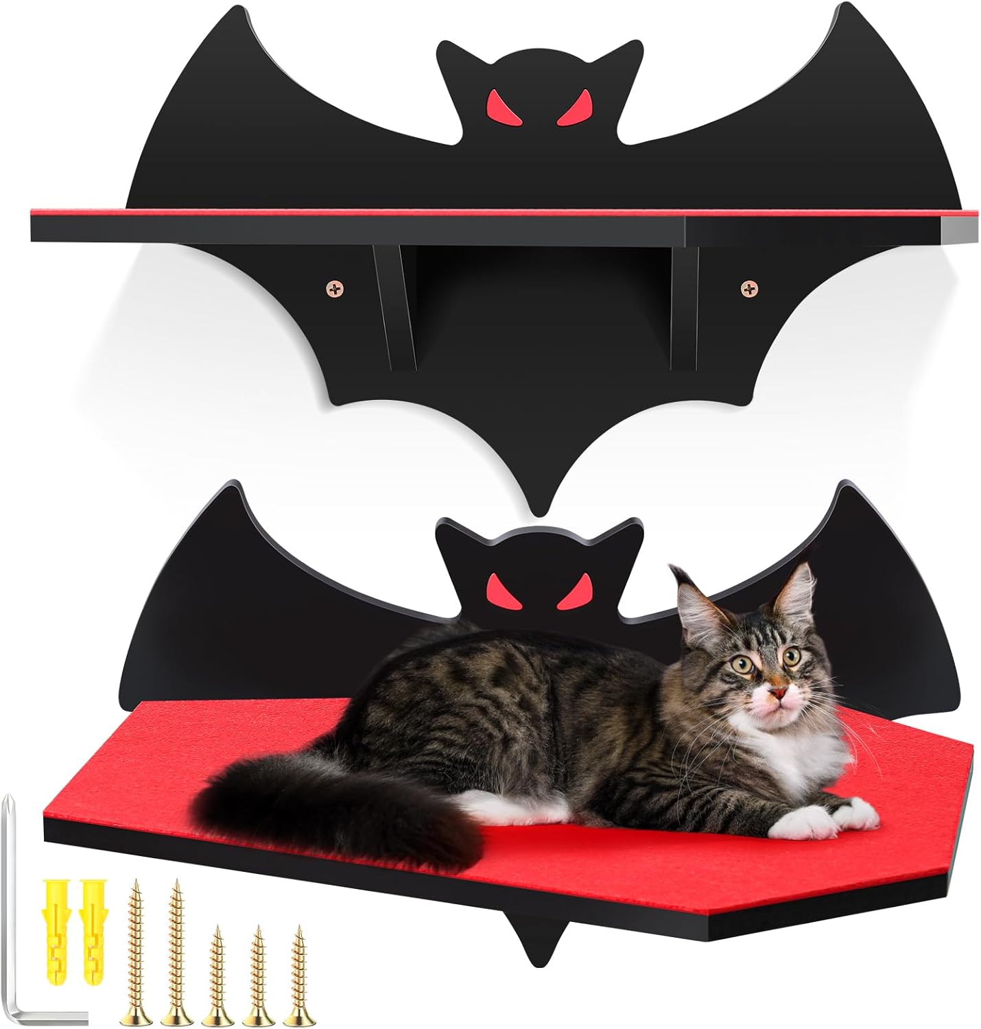 Gemscream Cat Shelves for Wall, Halloween Bat Floating Gothic Bed with Coffin Scratching Board Cat Wall Tree Can Load Bearing up to 30 Lbs/ 14 kg