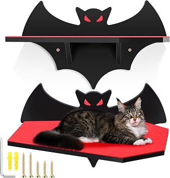 Gemscream Bat Cat Wall Shelf, Gothic Halloween Cat Bed with Scratcher