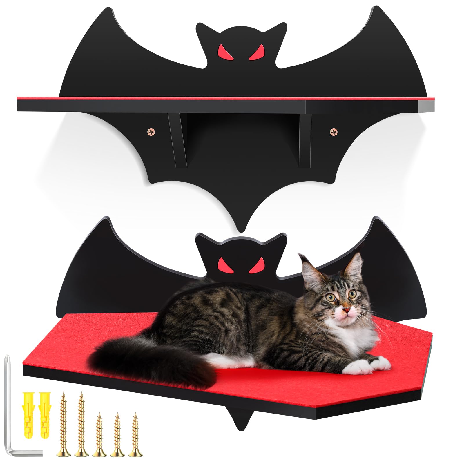 Gemscream Estantes de montaje en pared para gatos, estante flotante de murciélago gótico con cama de ataúd, pared para gatos, árbol de carga de hasta 30 libras/14 kg, árbol de gato negro para montaje