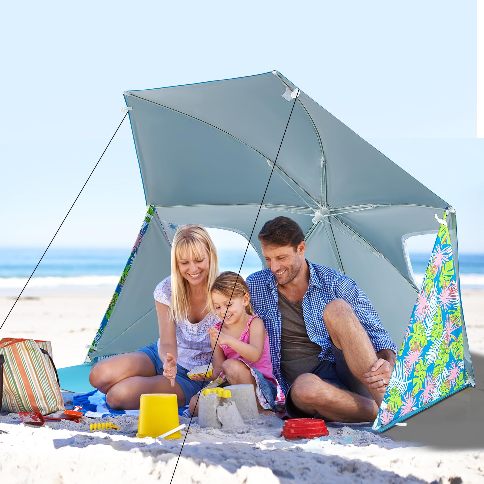 Tangkula Beach Tent for 2-4 People, 2-in-1 Beach Tent Sun Shelter with Extendable Floor, Roll-Up Windows, UPF50+ Easy Setup Beach Umbrella for Shade Pool Backyard Camping