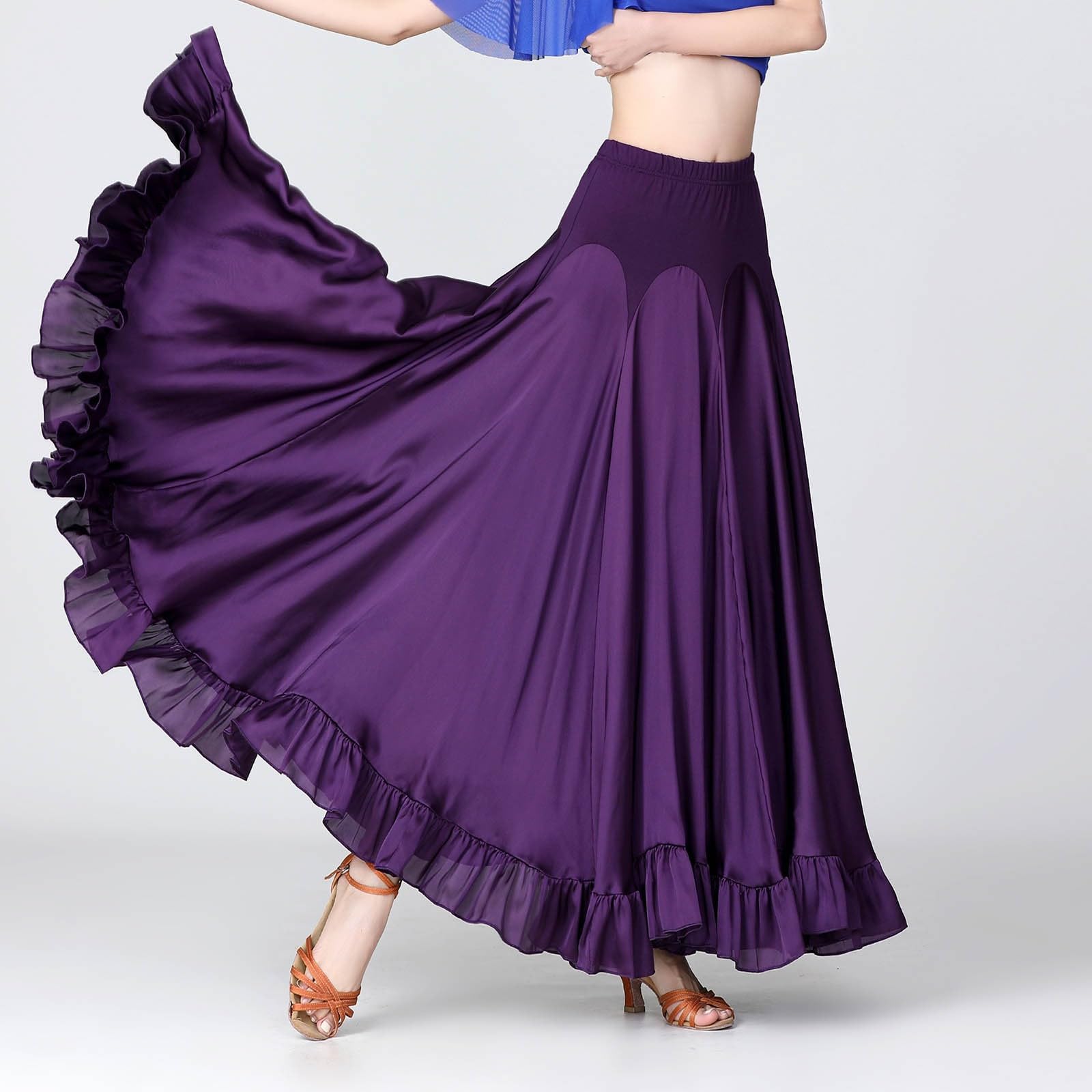 Jupe Danse du Ventre Satin Cercle Complet Femme, Jupe Multicouches Volants pour Flamenco Andalouse, Performance Danse Orientale, Tenue Scène Professionnelle Soirée Costume, Carnaval