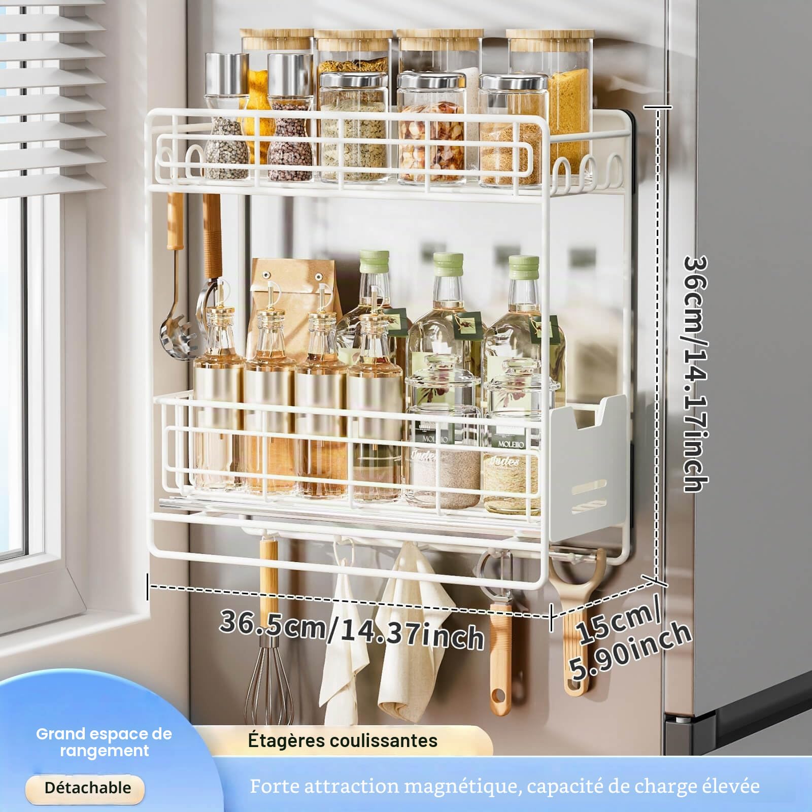 Étagère de rangement magnétique à épices pour réfrigérateur, organiseur de réfrigérateur blanc avec couches coulissantes, étagère magnétique mobile en métal, double étagère magnétique avec 5 crochets