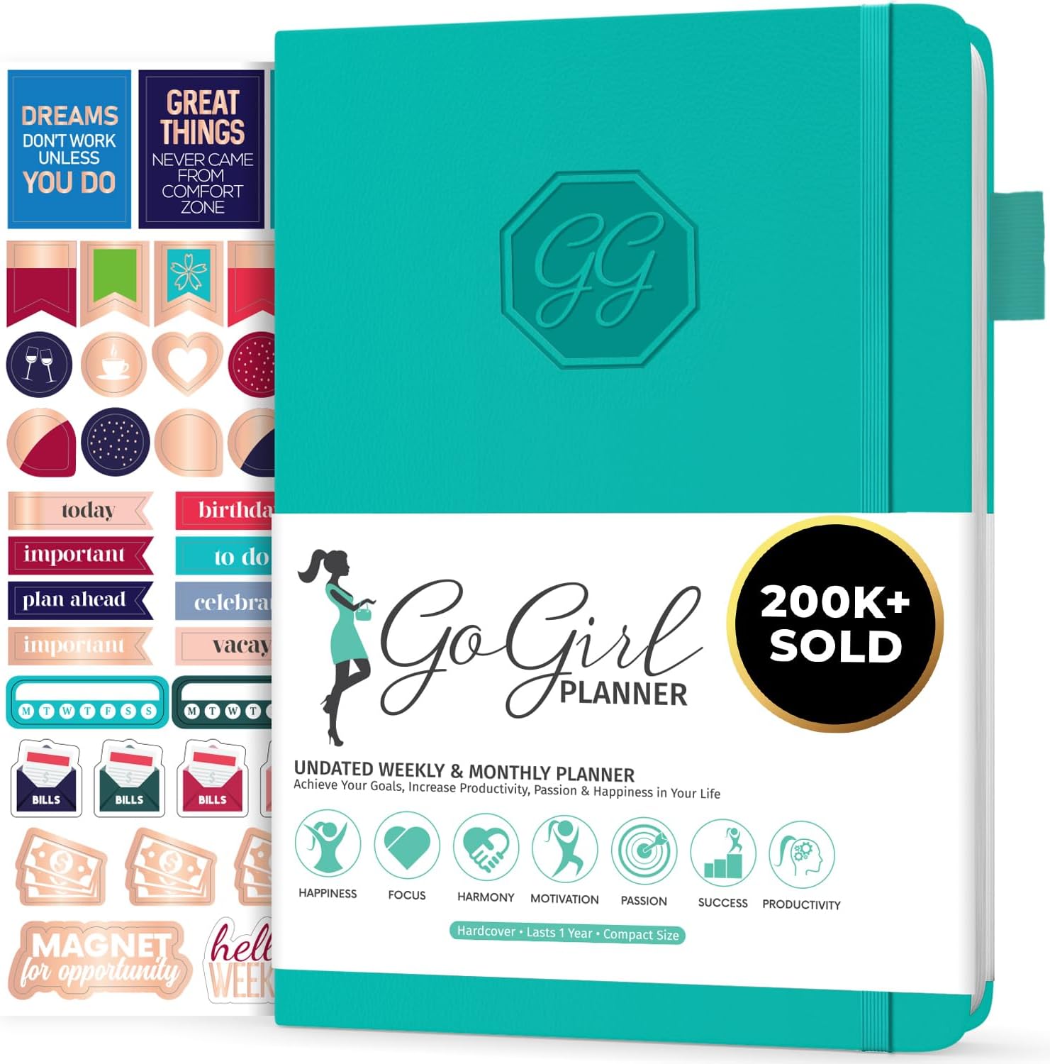 GoGirl Planner and Organizer for Women – Compact Size Weekly Planner, Goals Journal & Agenda to Improve Time Management, Productivity & Live Happier. Undated – Start Anytime, Lasts 1 Year – Turquoise