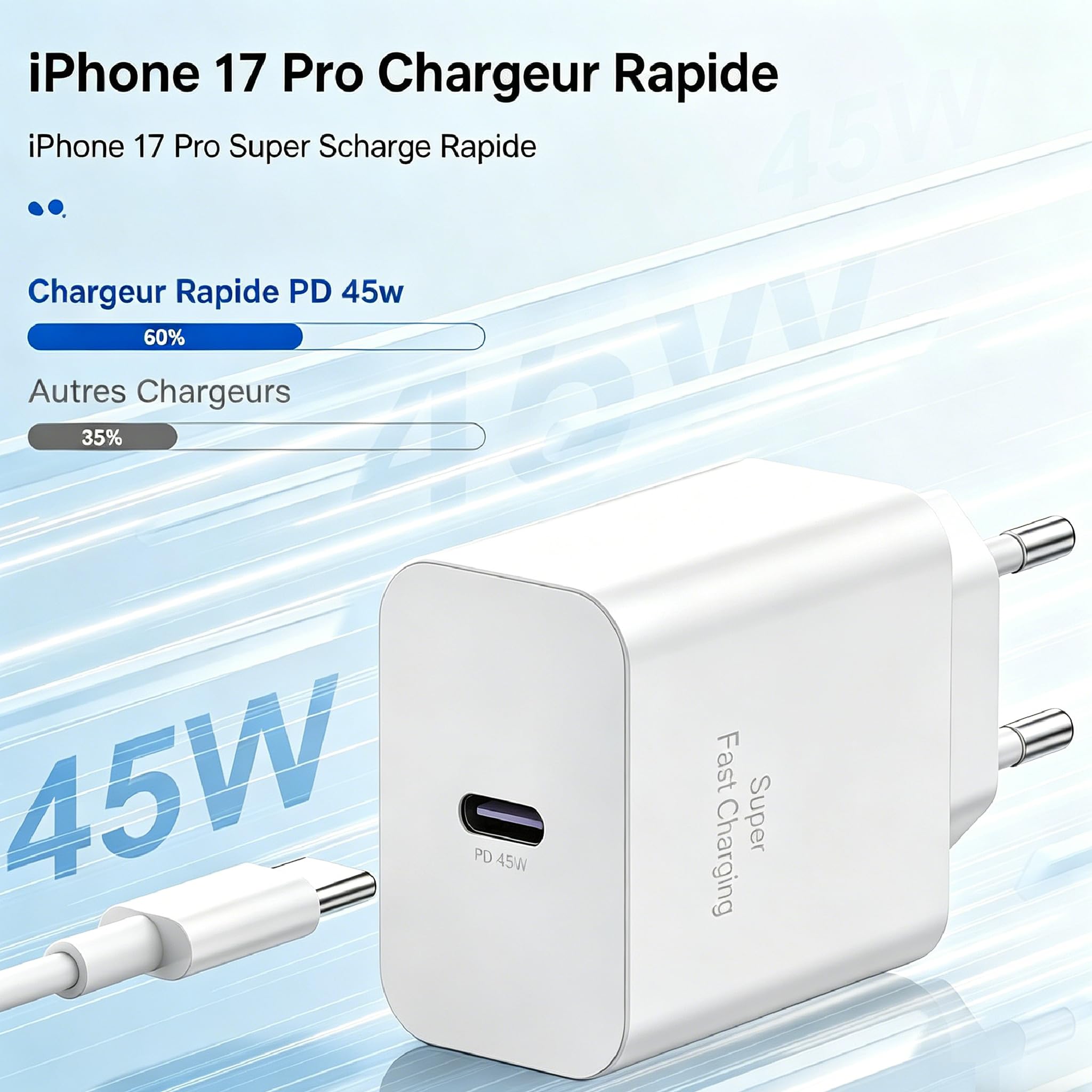 45W USB C Chargeur pour iPhone 17 Pro Max/16/15, Câble USB C Charge Rapide [2M+3M], USB-C Cordon de Chargeur avec Prise pour Apple iPhone 17 Pro Max/17 Air/16/15/iPad/Samsung Galaxy S26 Ultra/S25/S24