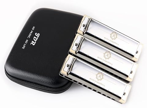 JDR North Harmonica مجموعة من 3 CGA مفتاح 10 ثقوب 20 نغمة Blues Harp Diatonic Mouth Organ Harmonicas مع حافظة حماية EVA للبالغين للأطفال المحترفين المبتدئين البوب الأسود رأس السنة الجديدة