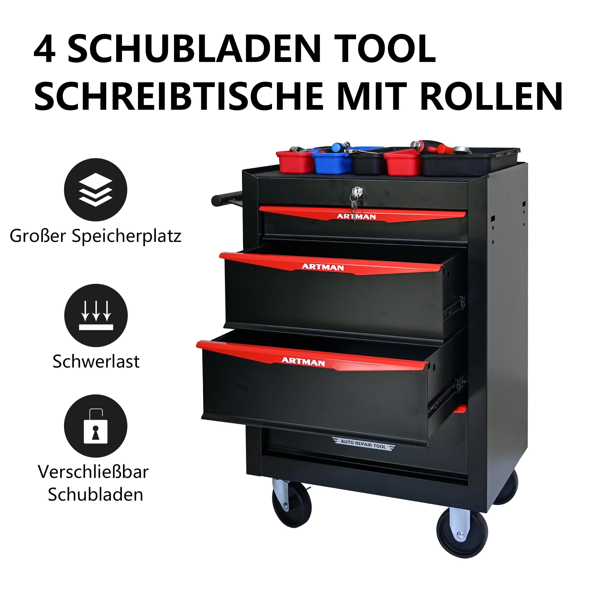 Werkzeugwagen 4 Schubl abschließb kugelgelagert Stahl rollbar