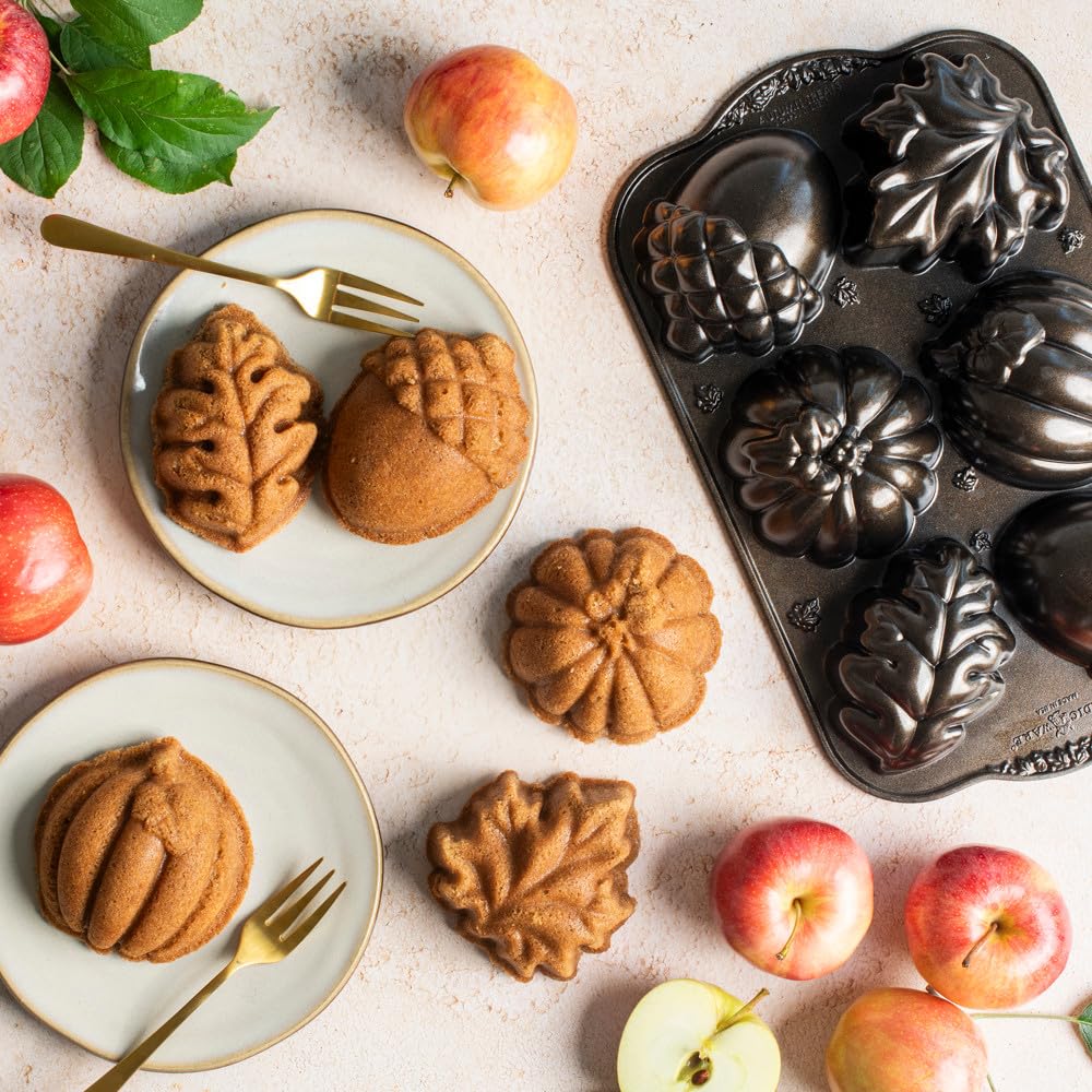 Nordic Ware - Moule à gâteau, moule à pâtisserie au design élégant - Moule 6 Gourmandises d'automne Bronze - Revêtement antiadhésif - Fonte d'aluminium