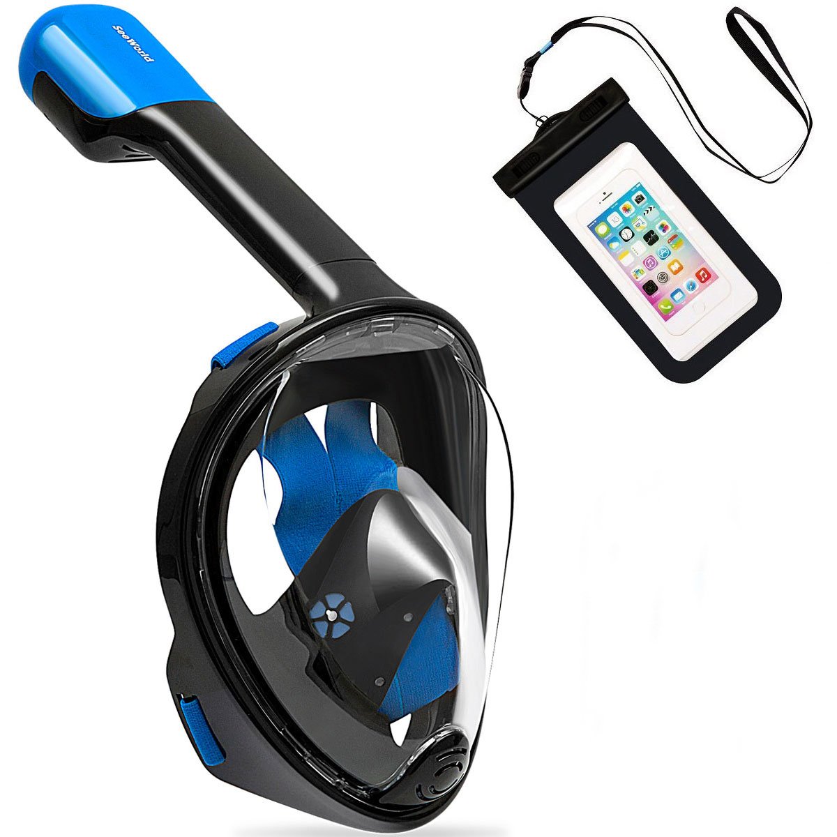 SeeWorld Snorkel Mask, Full Face Snorkel Mask for Adults and Kids, 180°Panoramic View, Anti-Fog, Anti-Leak with GoPro Mount (Black, Small/Medium)