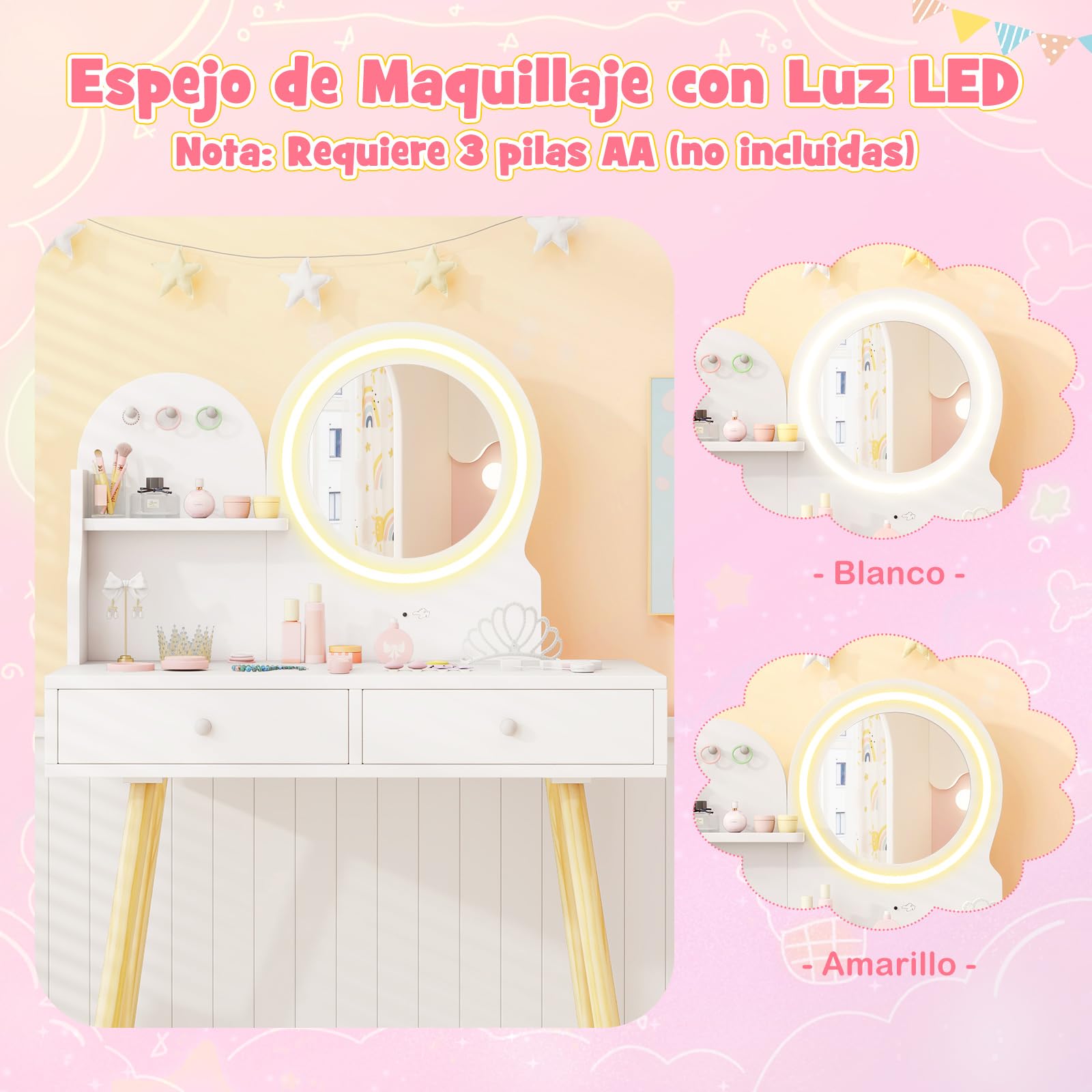 COSTWAY Tocador Niña, Tocador de Maquillaje Niña con Espejo Iluminado, Juego de Mesa y Silla de Princesa con Espejo y Luces, Estante Abierto, Ganchos y Cajones (Blanco)