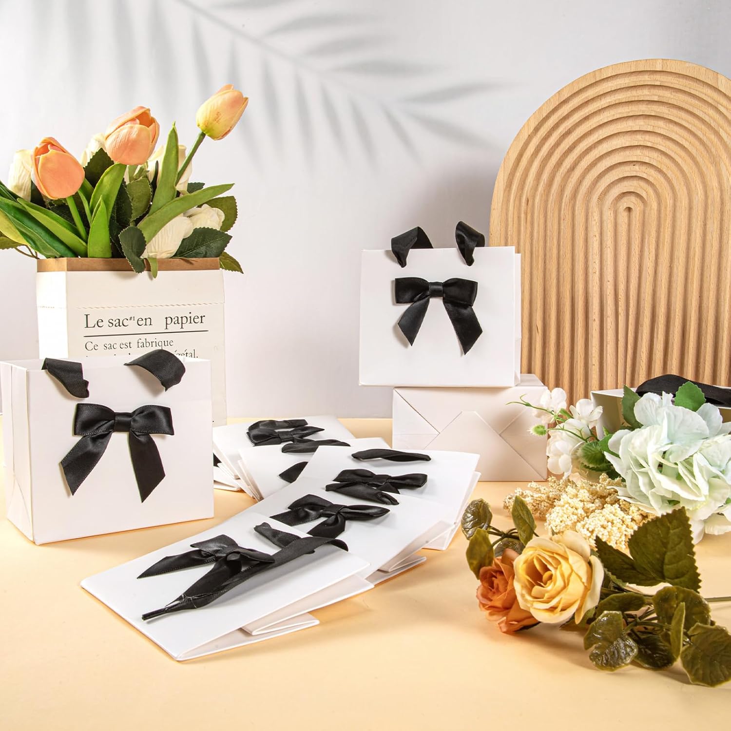 Kolldenn 50 Pcs No DIY Small Gift Bags with Black Bow Ribbon 4''x2.7''x4.5'' Mini White Paper Thank You Bags Bulk with Handle for Baby Shower Wedding Party Favor Birthday Return Guests - Image 6