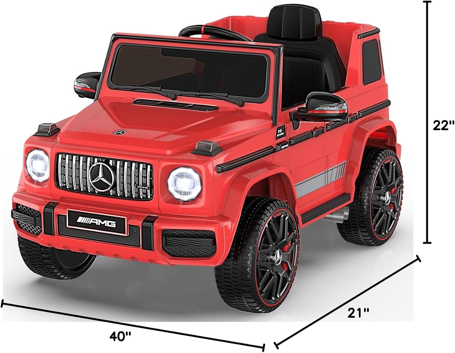 Dimensions of the ANPABO Mercedes-Benz G63 ride-on car, showing length of 40 inches, width of 21 inches, and height of 22 inches.