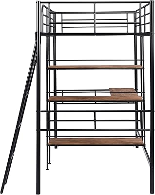 Acosure Twin Size Metal Loft Bed with Built-in Desk & Shelves,Bedroom Multifunction Bed Frame W/Full-Length Guardrails,Ladder,Easy Assembly,for Kid Adult Boy Girl Teen,Black
