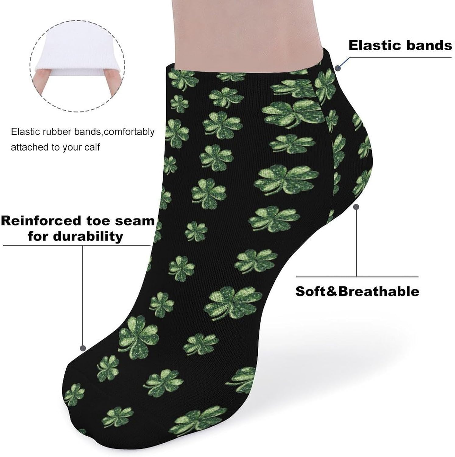 Green Four Leaf Clover Sequin 5 Pairs Low Cut Ankle Socks Casual Liner Sock No Show Invisible Socks for Men Women