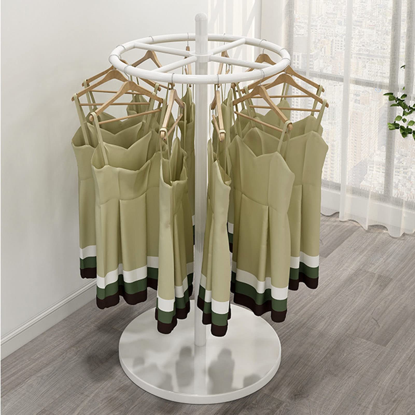 YNBSHGAA Floor Standing Rotating Clothes Display Rack for Clothing Store,Retail Store Clothing Rack Free-Standing Heavy Duty Garment Rack Closet Organizer, Commercial Clothes Rack,White