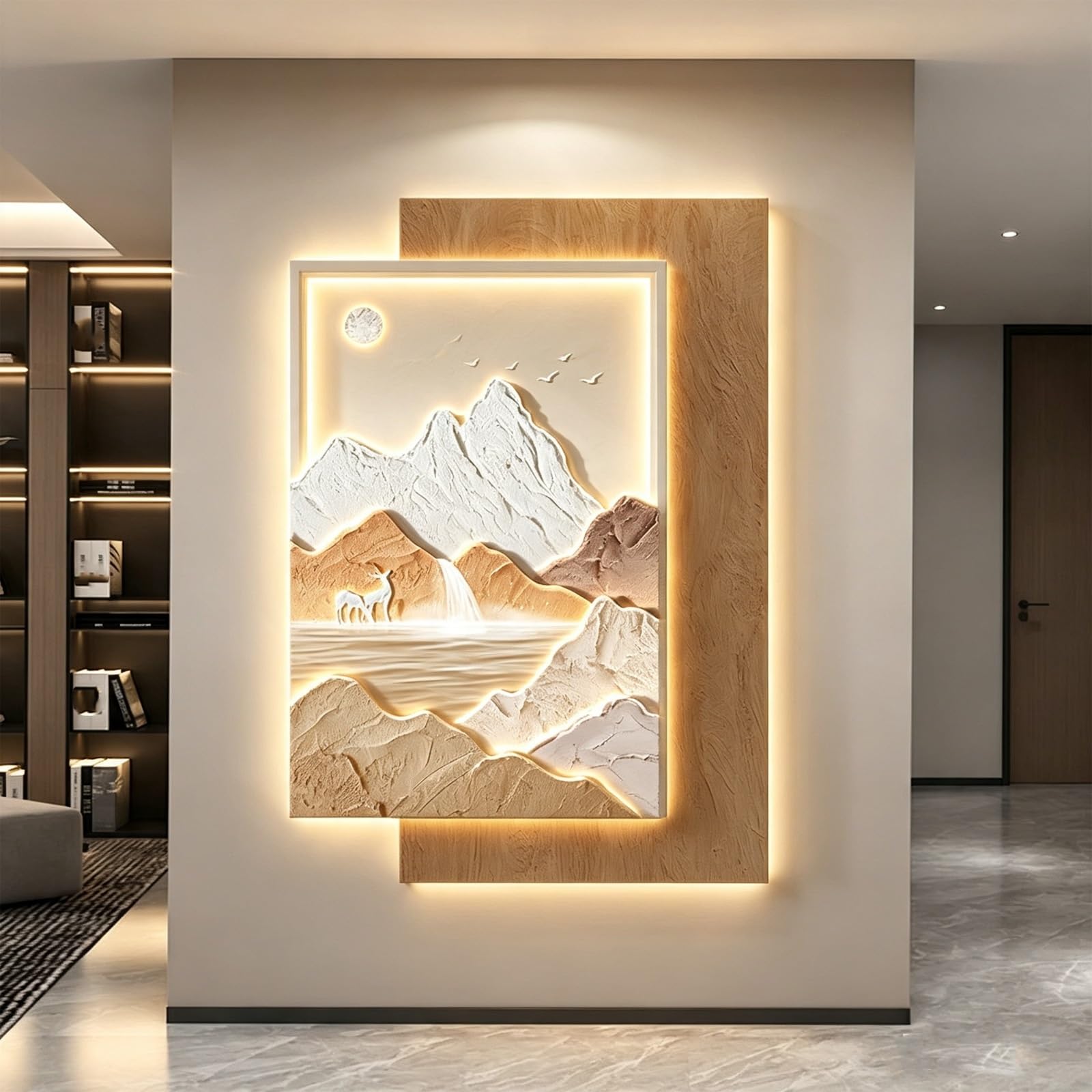 Escultura de pared de arenisca LED 3D, decoración colgante minimalista | Pintura abstracta de montaña con luz LED sin marco, for sala de estar, vestíbulo, puerta(B,23.6*31.5in)