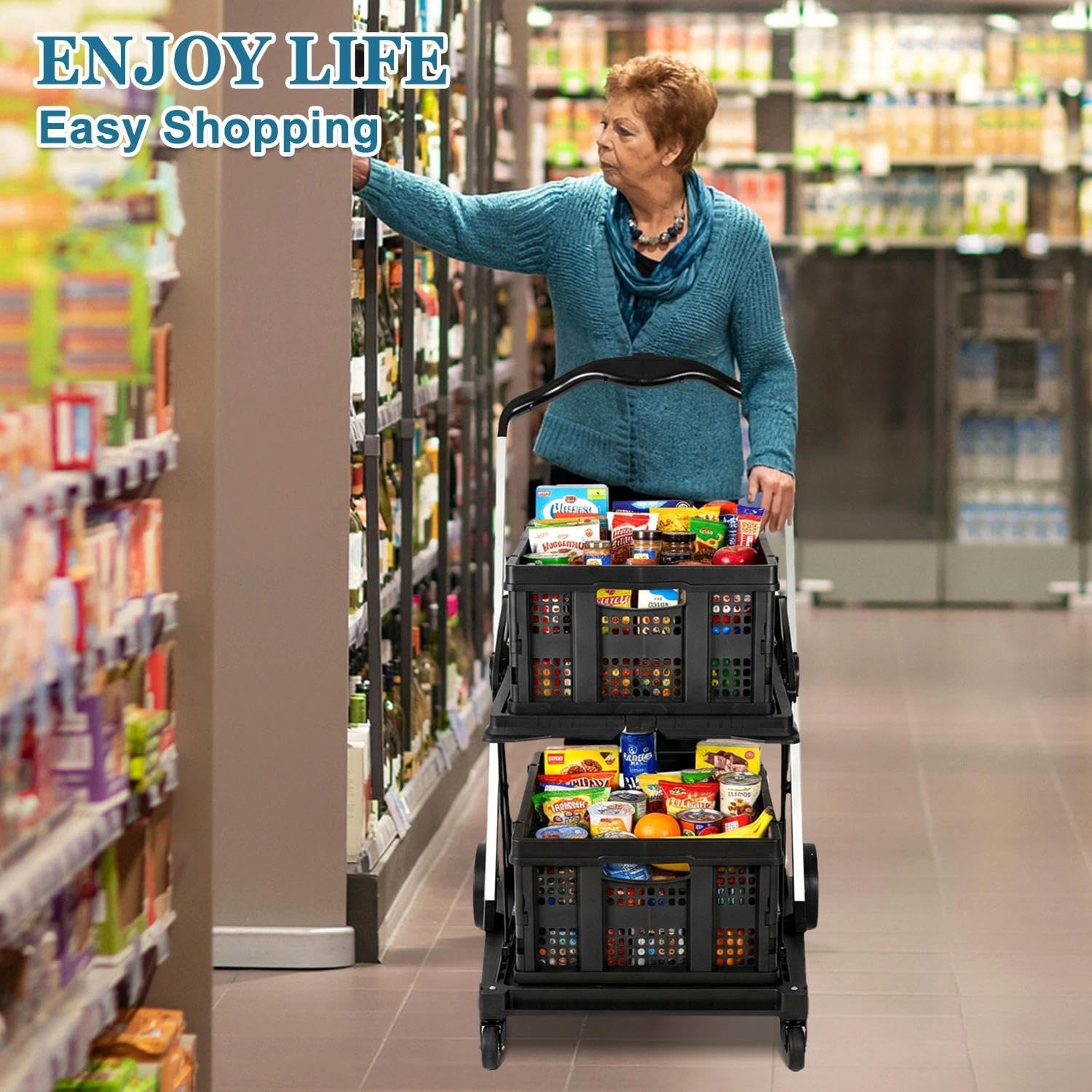 Collapsible Shopping Cart on Wheels, Folding Shopping Cart with 360° Swivel Wheels, Multi Use Utility Carts Adjustable Portable Trolley with 2 Storage Crate, Used for Picnic, Supermarket, Black