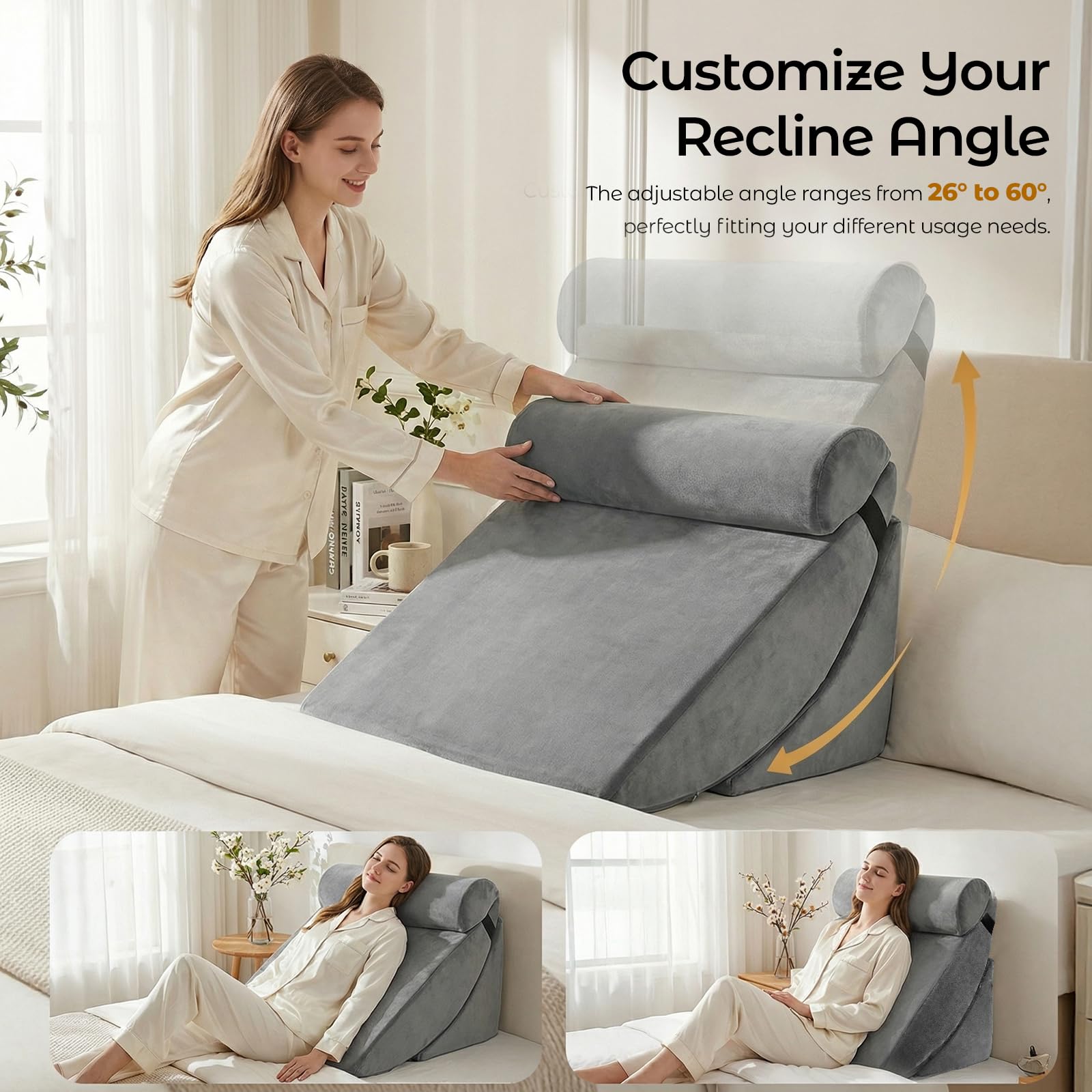 Set di 4 cuscini a cuneo in memory foam, cuscino letto e lettura regolabile in altezza, per divano e letto, lavabili in grigio