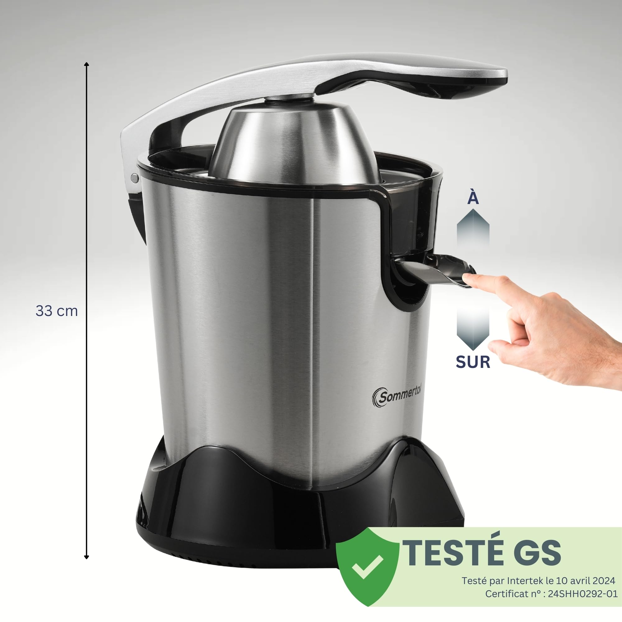 Sommertal CP850 Presse-agrumes électrique, moteur 850 W, haut rendement, en acier inoxydable, sans BPA, récipient à jus de 400 ml, 2 cônes, presse-citron, presse-agrumes, électrique, levier et