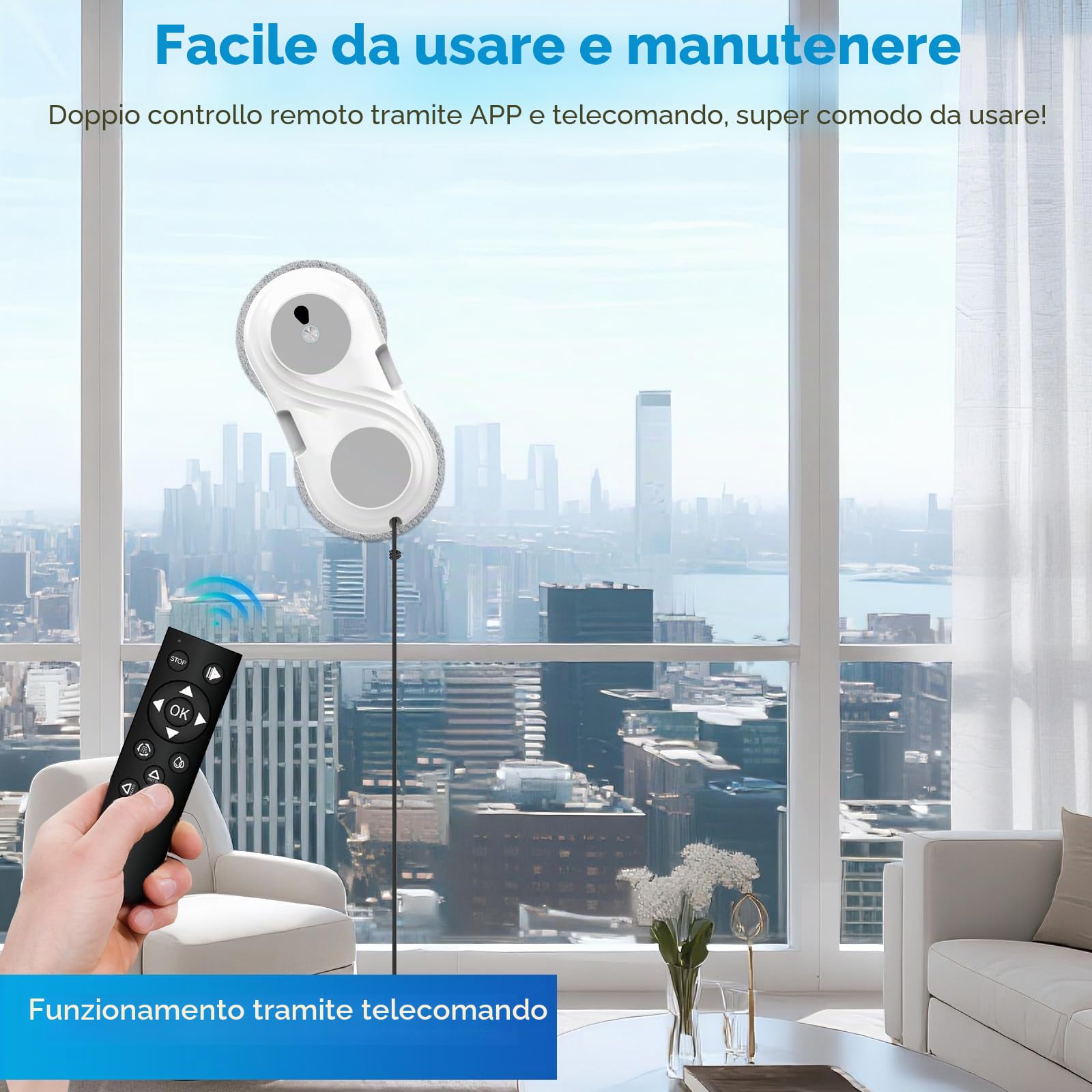 Robot Lavavetri, 8000Pa Robot Lavavetri Finestre con Doppio Spray D'acqua,Telecomando, Navigazione Intelligente, Sistema di Sicurezza, Rilevamento Intelligente dei Bordi, per Superficie Lisce