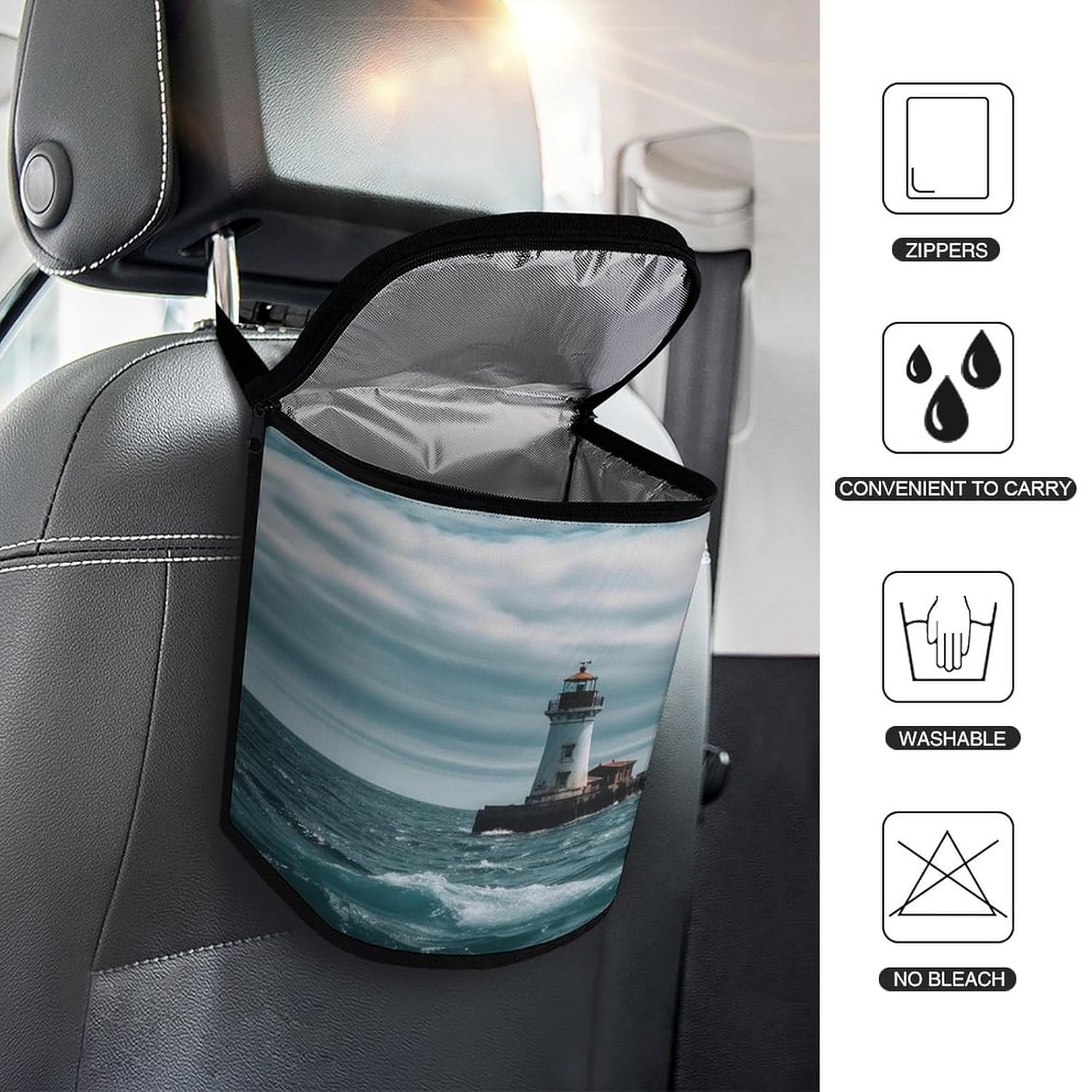 Hanging Car Trash Bag Lighthouse Printed Car Garbage Storage Bag Leakproof Car Trash Can Portable Garbage Storage Bags