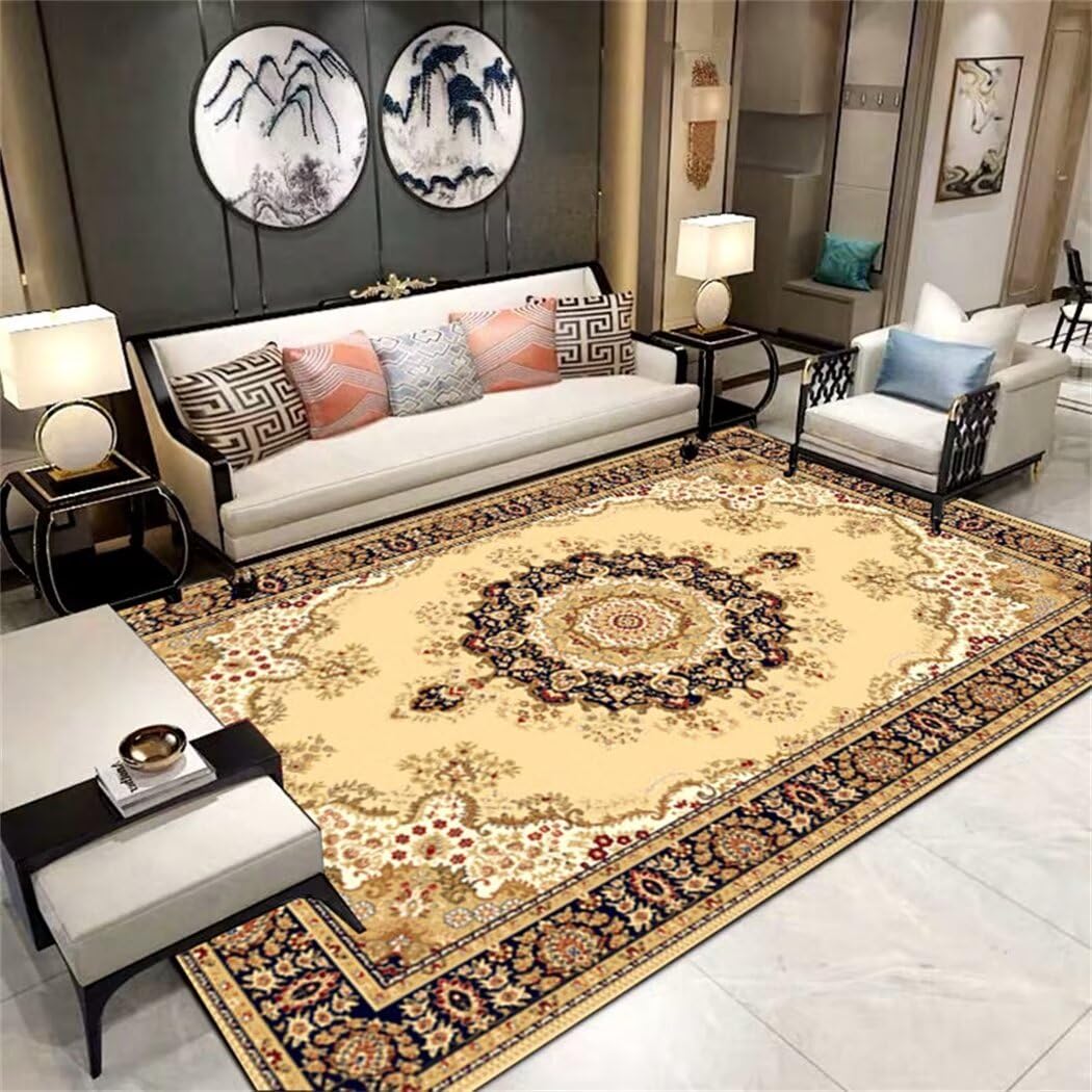 Tapis de chevet de chambre à coucher à motif imprimé pastoral jaune 100x150cm
