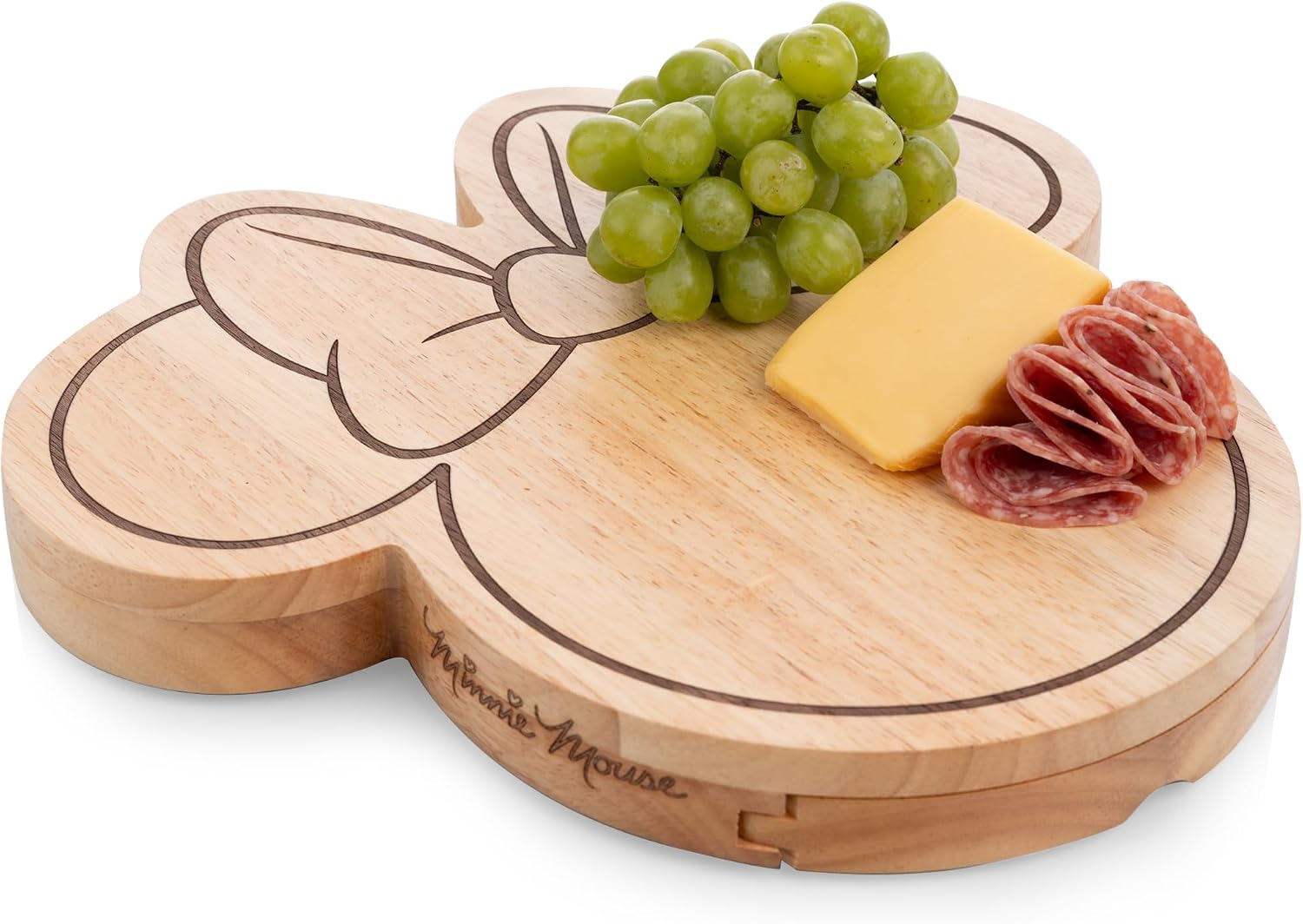 PICNIC TIME Disney Minnie Mouse Head Shaped Cheese Board with Tools, Parawood Charcuterie Board with Recessed Groove and Stainless Steel Utensils (Parawood)