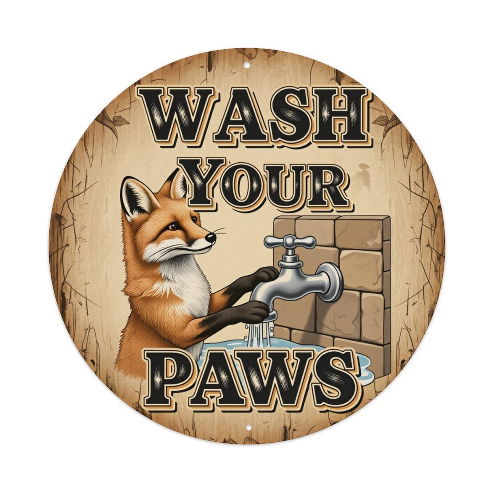 Fox Washing Paws Sign Round Tin Sign Vintage Metal Poster, Home Bar Garage Man Cave Cafe Indoor & Outdoor Wall Decoration 8x8Inches