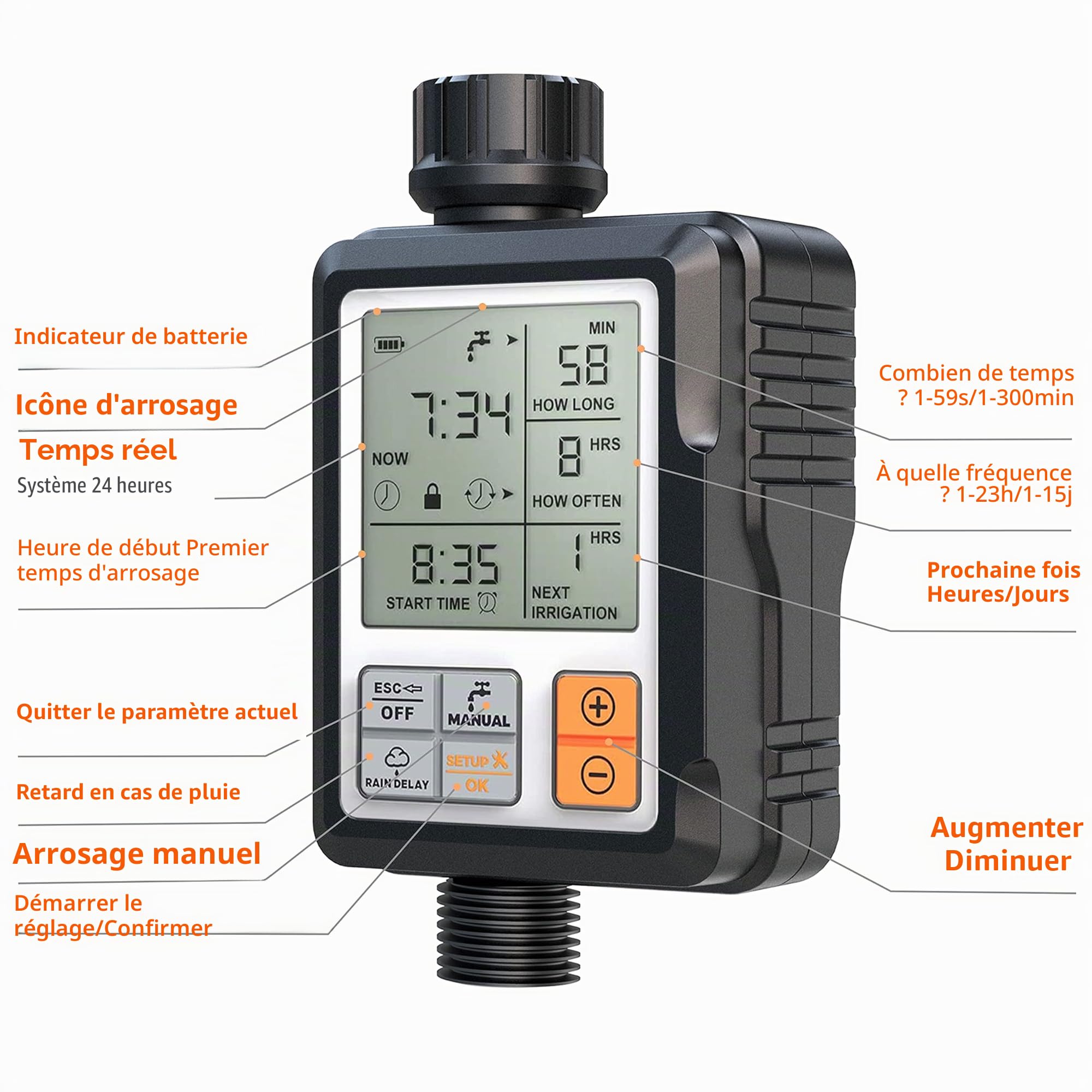 CROSOFMI Programmateur Arrosage Automatique Minuteur Arrosage pour Jardin Programmateur Robinet Arrosage Connecté/Mode Verrouillage Enfant/Mode Automatique & Manuel/Retard De Pluie/IP65 Étanche