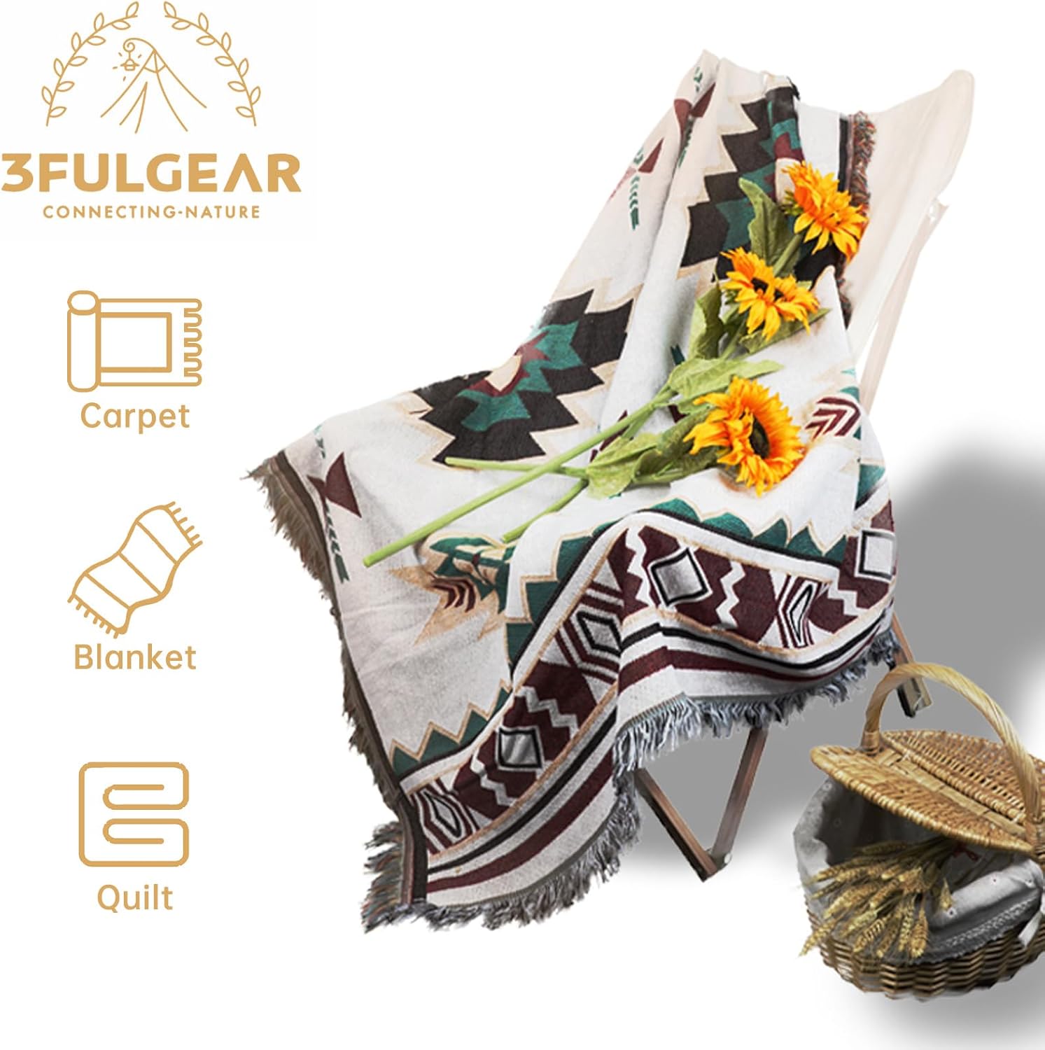 3F UL Gear Outdoor Portable Throw Blanket - Vintage Glasgow Style Thick and Warm Cotton-Wool Picnic Blanket for Camping, Artistic Throws for Couch, Sports Event, Camping, Car, Pet, Survival Kits