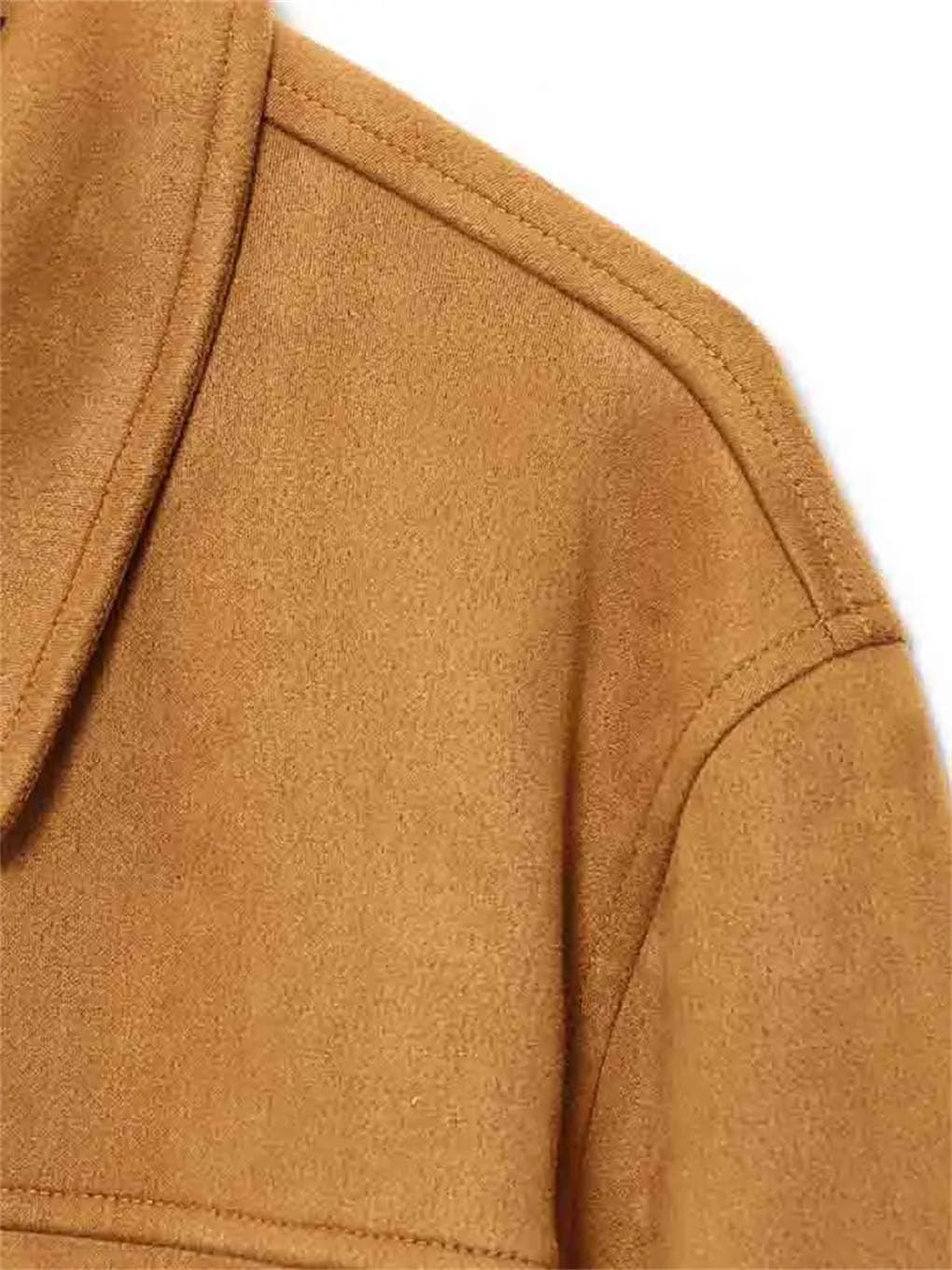 Ropa de abrigo elegante de corte recto con bolsillos grandes para mujer, de piel de ante de color liso, de manga larga