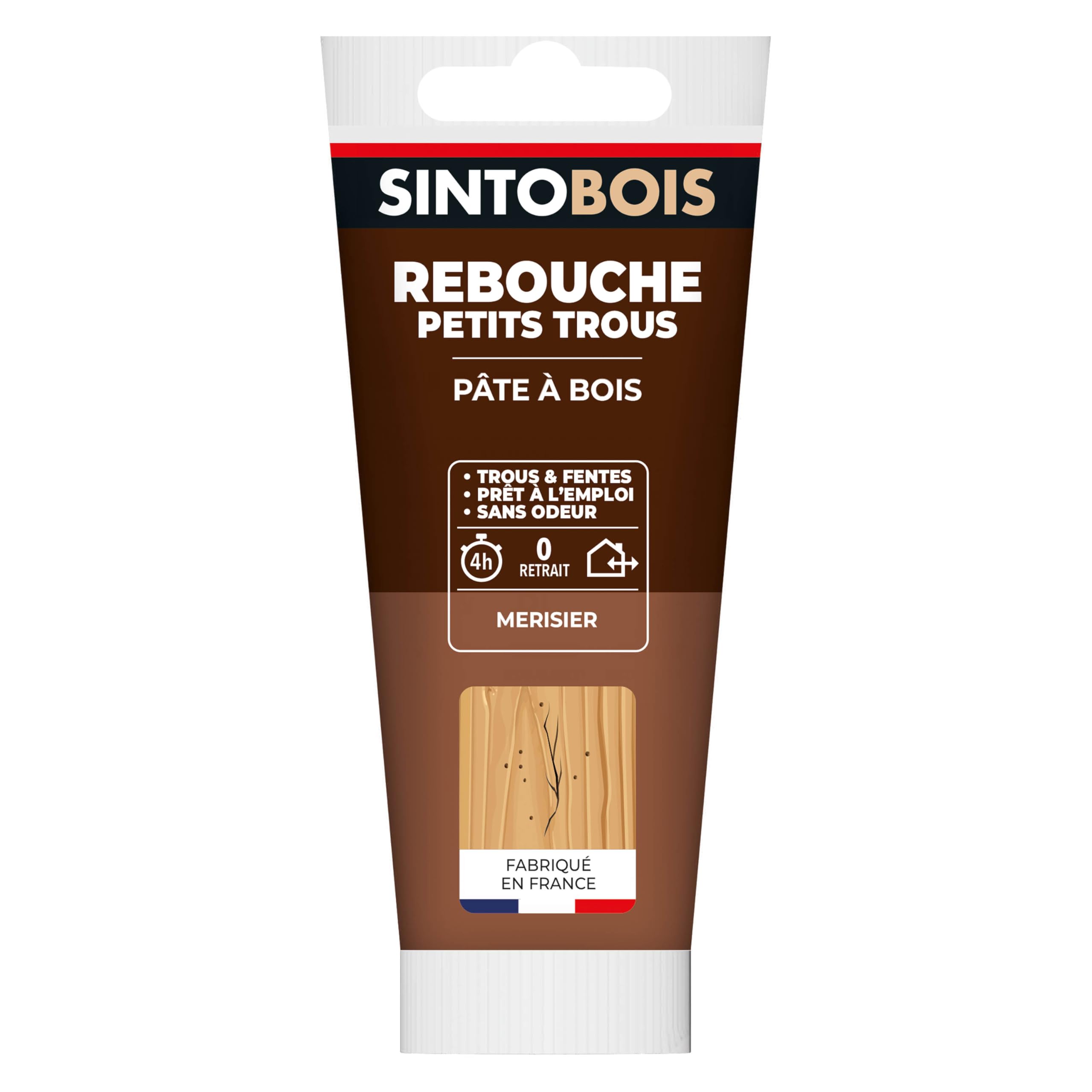 SINTO - Rebouche Petits Trous - Pâtes à Bois Sans Odeur - Prêt à l'Emploi - Sans Solvant - Sec en 4h - Intérieur et Extérieur - Ne se Rétracte pas - Merisier - Technique Professionnelle - 80 g