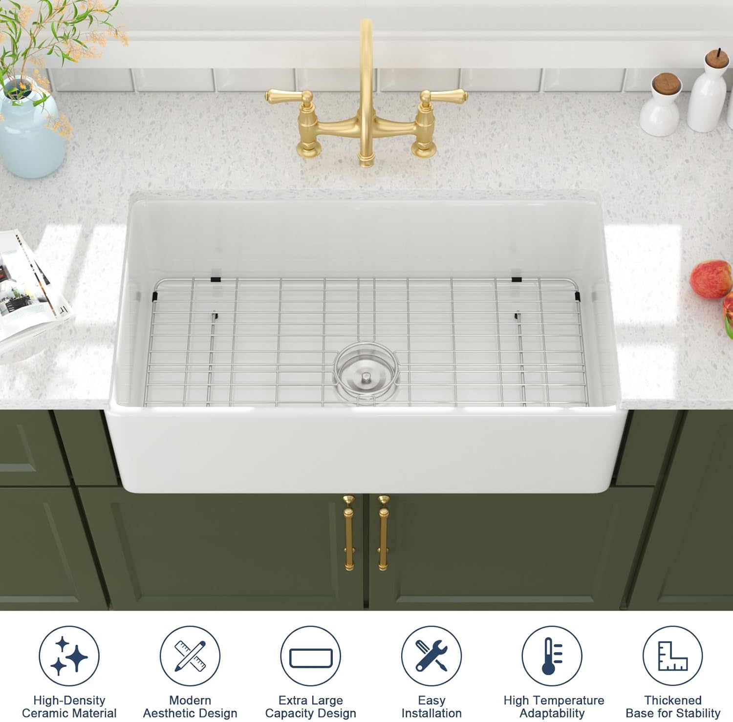 Lordear White Farmhouse Sink 33 Inch Apron Front Reversible Solid Fireclay 33x20x10 Farm House Farmers Farm Style Sinks