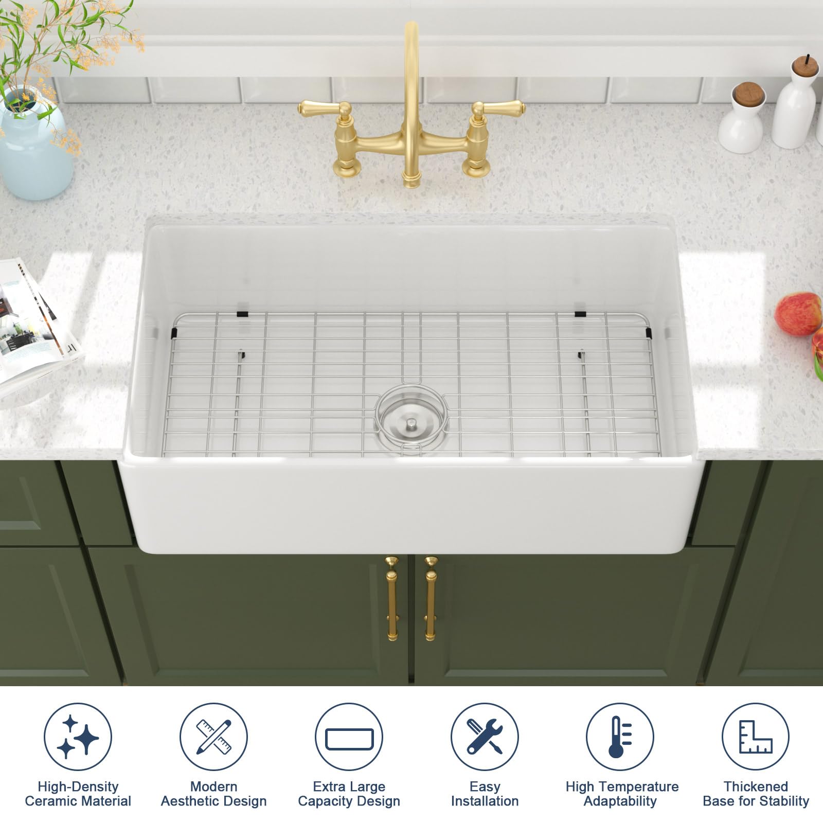 Lordear Fregadero de cocina blanco de 33 x 20 pulgadas, delantal, arcilla refractaria, cerámica, porcelana, reversible, de una sola taza, fregaderos de cocina de granja