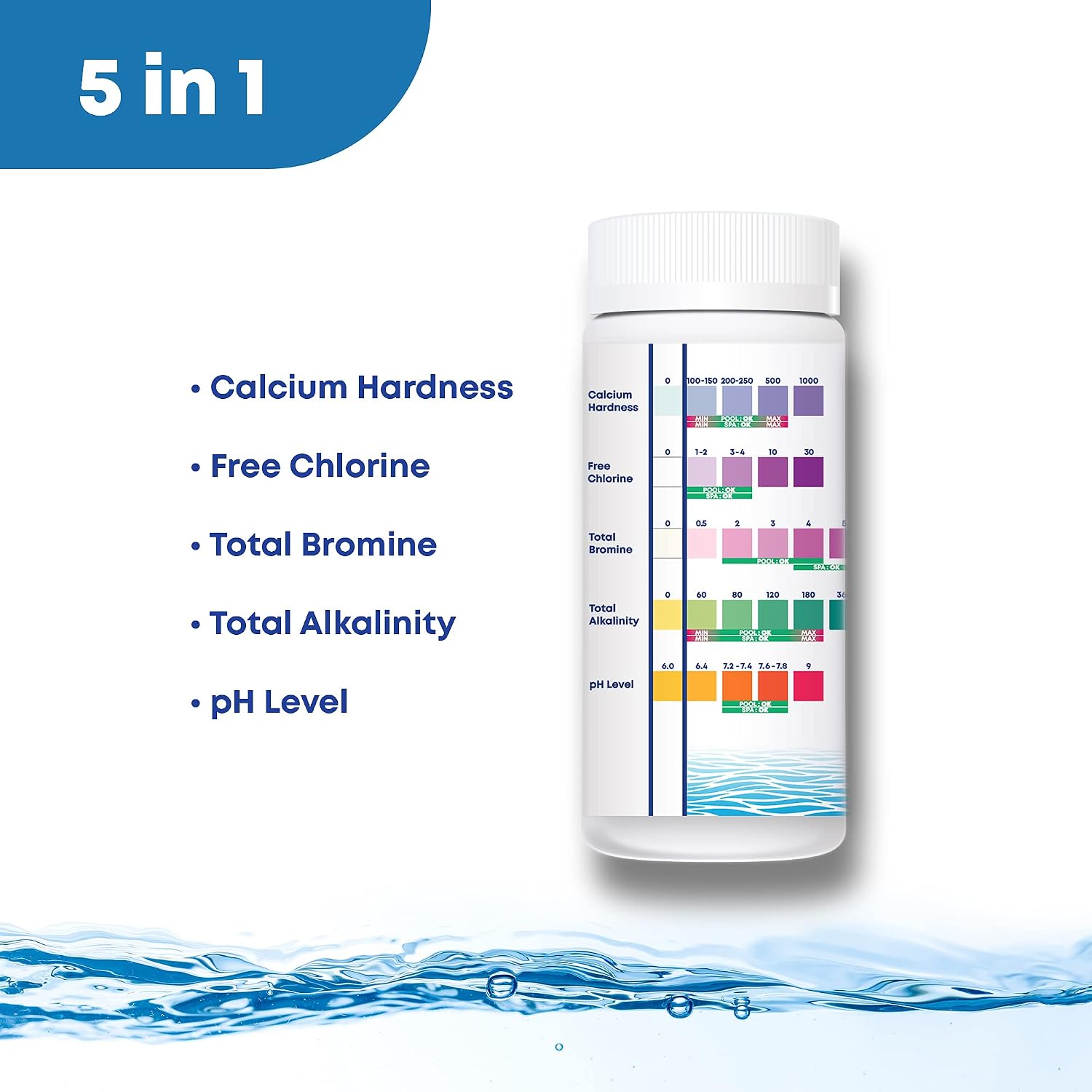 DIP & GO Pool Test Strips - 125 Pool Strips per Test Kit. Range-Guided and Color-Corrected Results. Easy-to-Use, Instant Test Pool Chemicals and Pool Shock. (5-in-1)