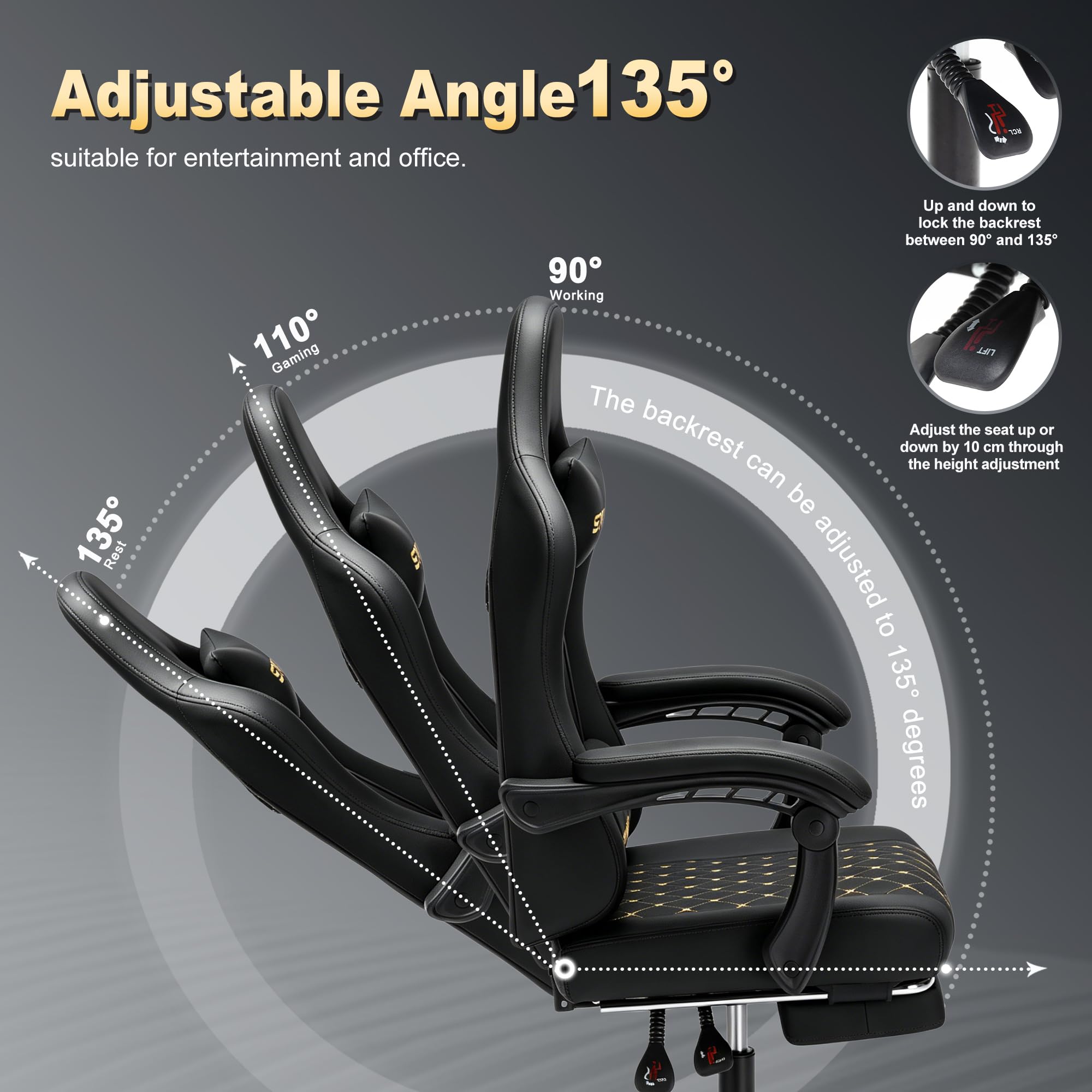 Symino Chaise de Gamer Ergonomique, Chaise Gaming avec Soutien Lombaire Repose-Pieds, Fauteuil de Bureau réglable et pivotant capacité de Charge 150 kg, Cuir PU Noir