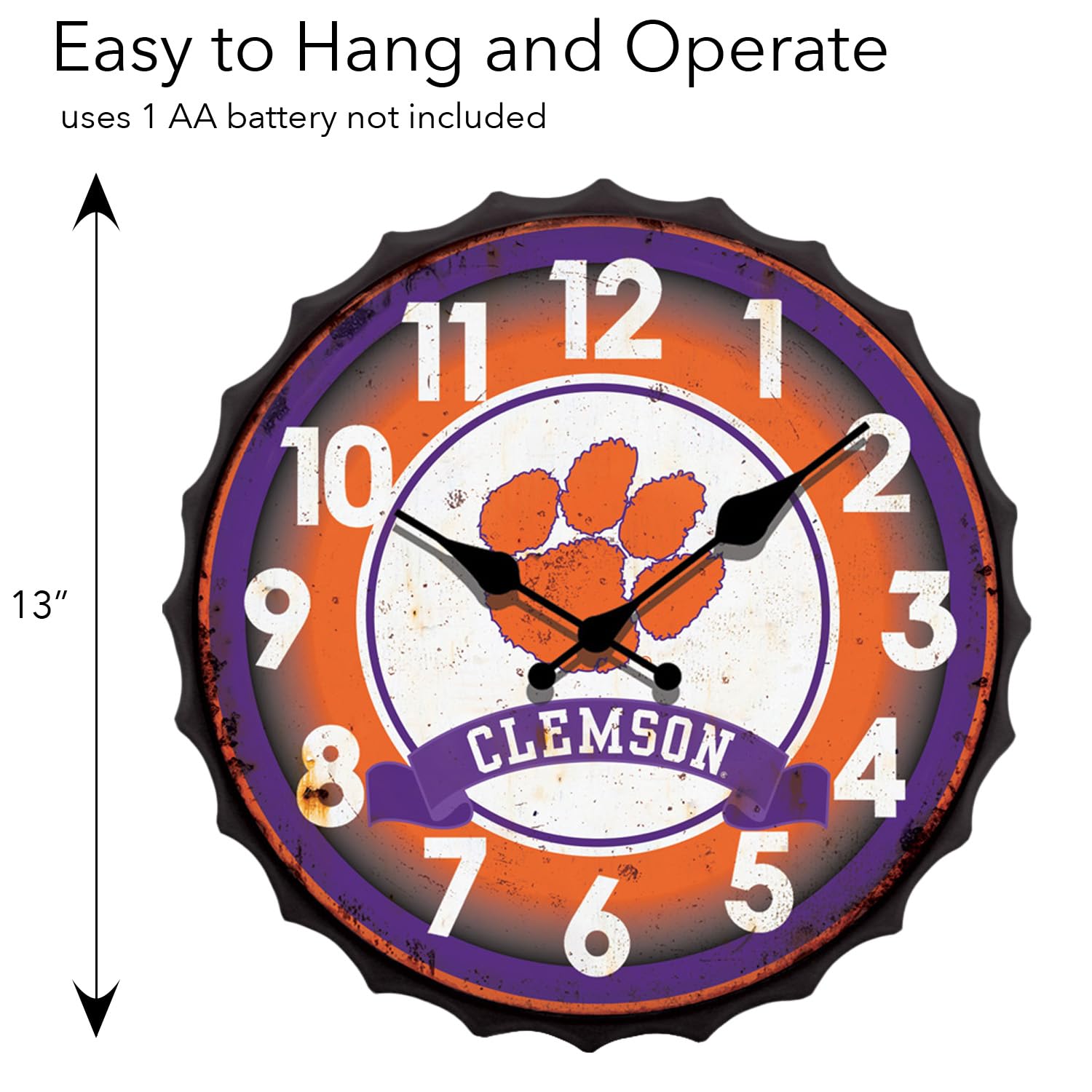 Hanna's Handiworks Clemson University NCAA zegar z zamknięciem do butelek w stylu vintage, metalowa, sztuka ścienna – pokaż swojego szkolnego ducha w męskiej jaskini, akademiku, sypialni, mieszkaniu