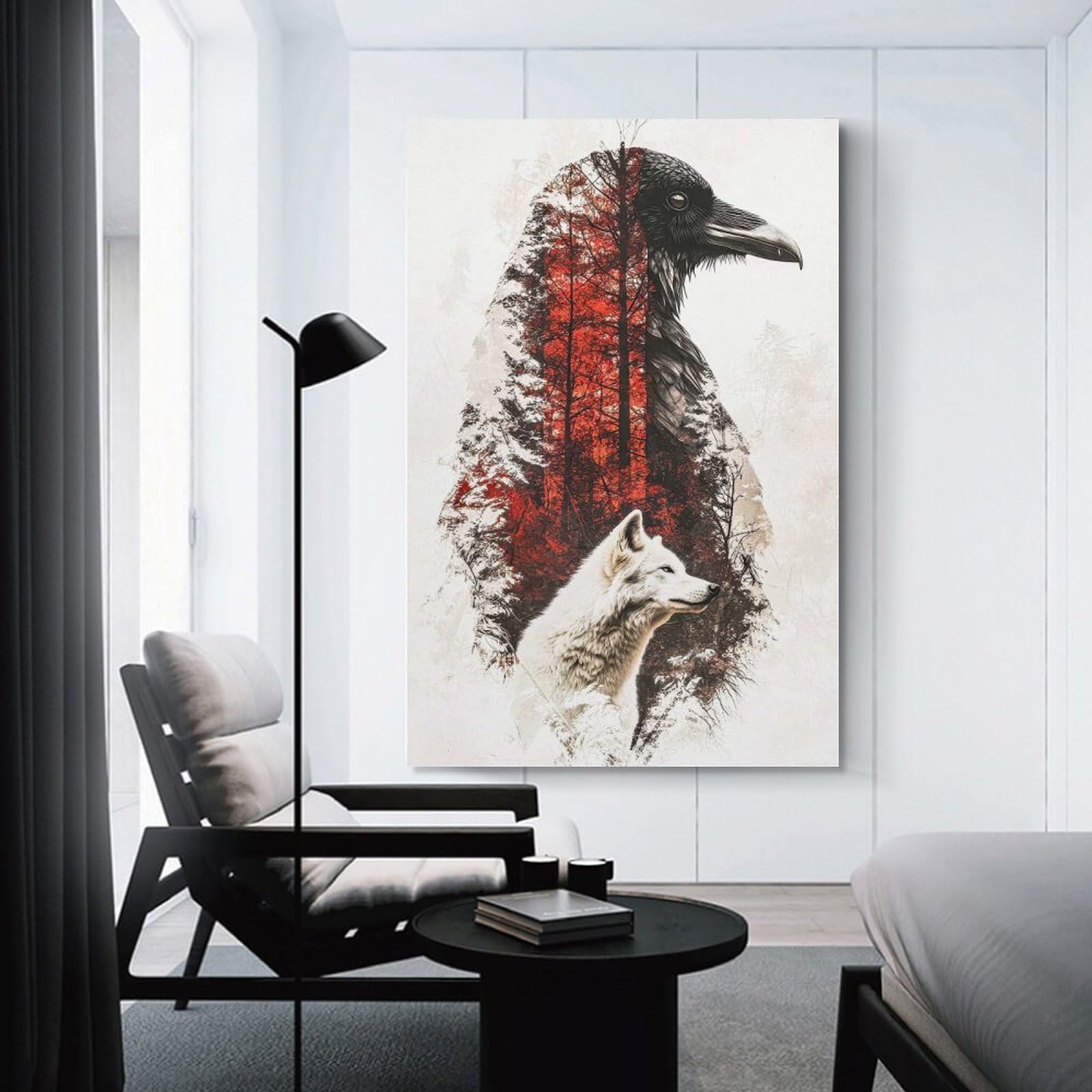 Junmoney Wolf And Raven Double Exposure Home Decor Wall Art, 24x36inch(60x90cm), for Work Areas, Reading Rooms Or Studios, An Interior Accent for Desk Areas