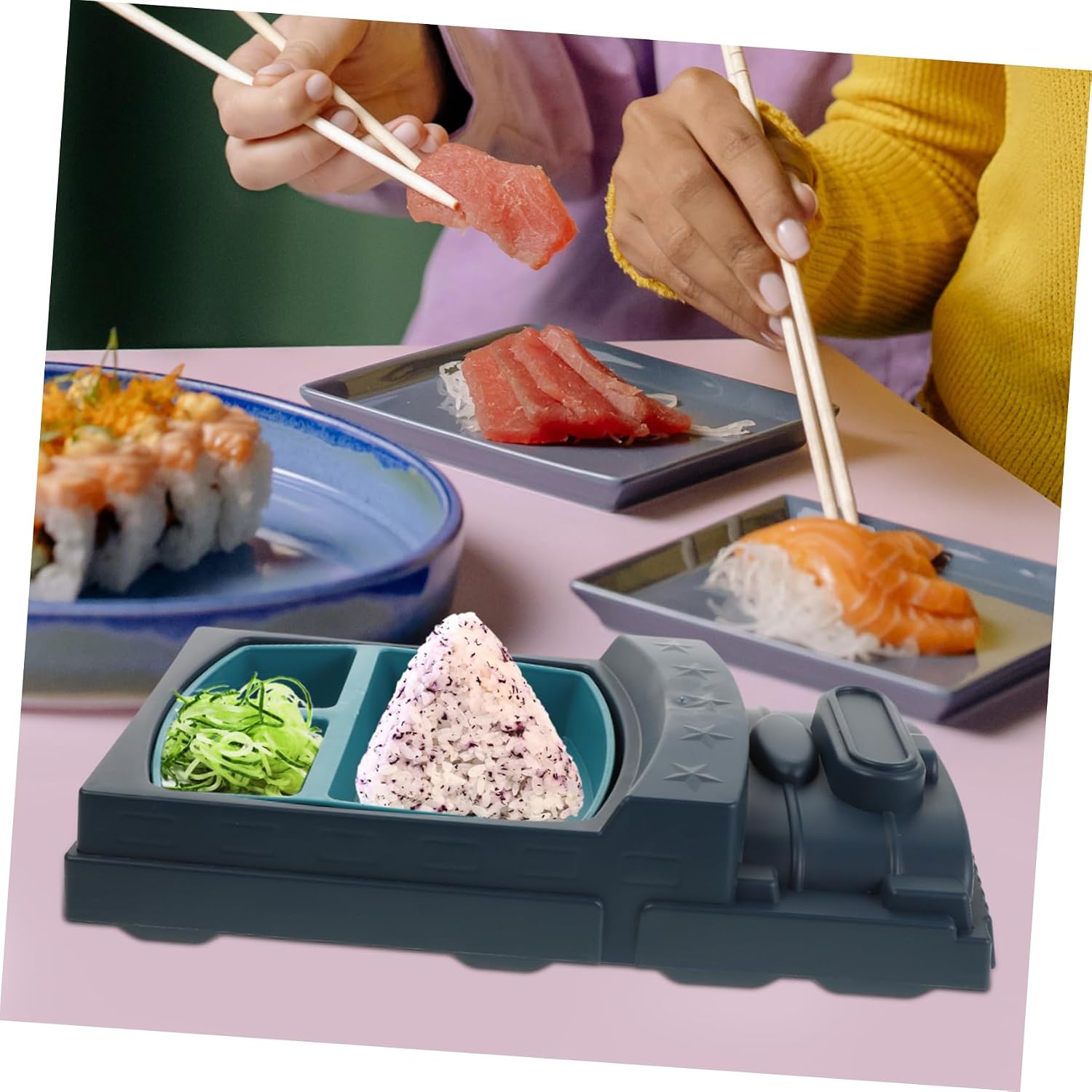 Unbreakable Toddler Train Shape Bento Lunch Box 3 Compartment Boys and Girls Dishes Set Knife Fork Spoon Soup Cup Wheat Straw Material Safe for Boys and Girls