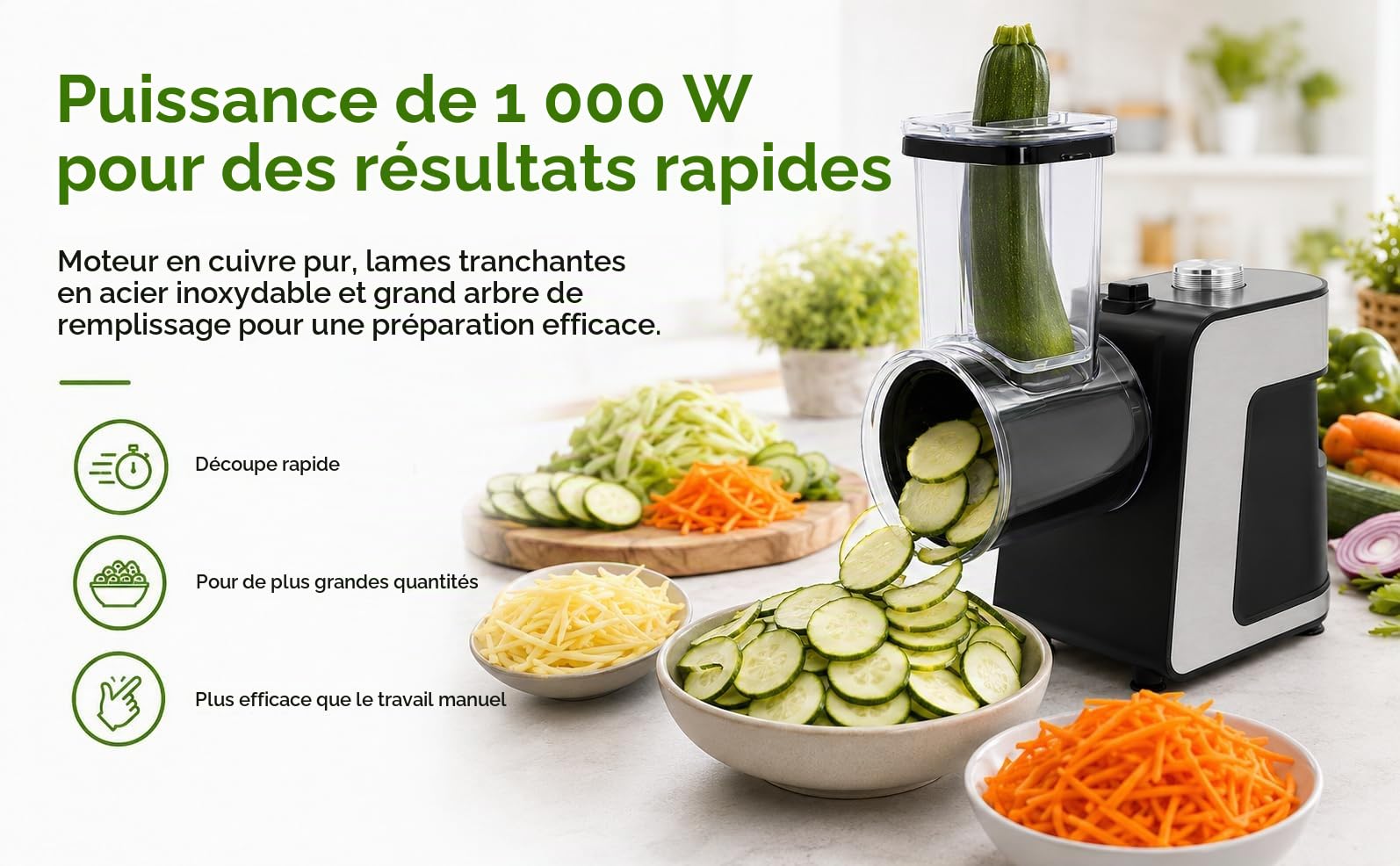 1000W Râpe a Légumes Électrique Avec 10x Lames en acier inoxydable, Découpe Légumes Électrique pour Carottes, Fromage,Concombre,Oignons (Noir)