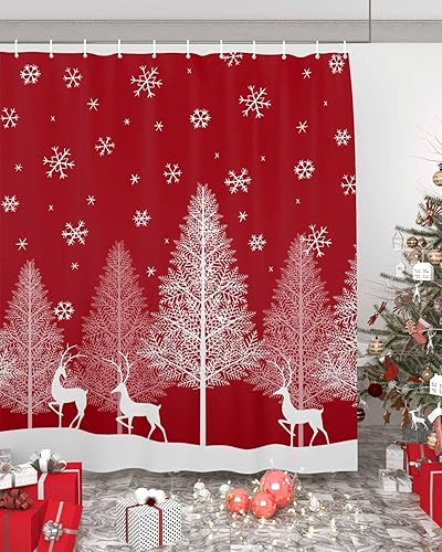 Christmas Tree Shower Curtain, Winter Forest Deer Snowflake Red Waterproof Washable Boho Funny Cute Shower Curtains Set for Bathroom Farmhouse