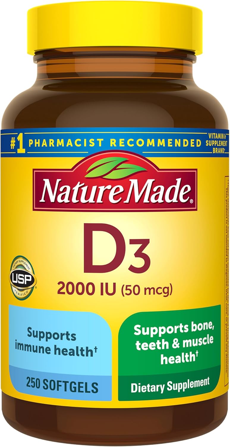 Nature Made Vitamin D3 2000 IU (50 mcg), Vitamin D Supplement for Bone, Teeth, Muscle and Immune Health Support, 250 Softgels, 250 Day Supply