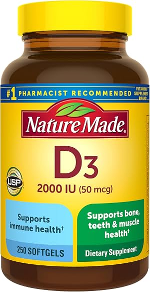 Nature Made Vitamina D3 2000 IU (50 mcg), 250 Softgels de Vitamina D | Suplemento de Vitamina D para Apoyo Inmune, Huesos, Dientes y Músculos, Suministro para 250 Días