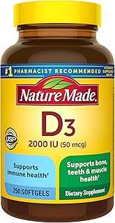 Nature Made Vitamina D3 2000 UI (50 mcg), suplemento de vitamina D para el apoyo a la salud de los huesos, dientes, músculos e inmunidad, 250 cápsulas blandas, suministro de 250 días