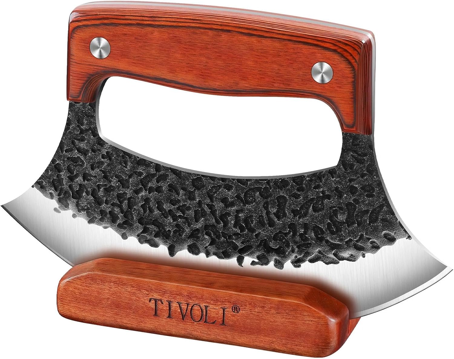 TIVOLI Ulu Knife with Wooden Stand – Full Tang High Carbon Steel, Japanese-Inspired Rocker Knife with Gift Box, Mezzaluna Knives & Pizza Cutter for Kitchen, Camping & BBQ, Unique Gift for Men