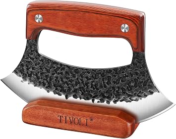 TIVOLI Ulu Knife with Wooden Stand Mezzaluna Rocker Knife - Pizza Cutter