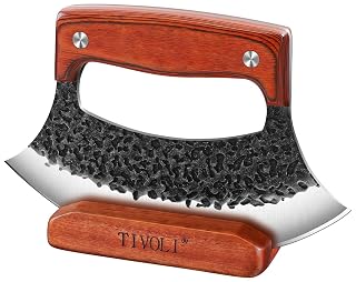 TIVOLI Ulu Knife with Wooden Stand – Full Tang High Carbon Steel, Japanese-Inspired Rocker Knife with Gift Box, Mezzaluna Knives & Pizza Cutter for Kitchen, Camping & BBQ, Unique Gift for Men - Amazon product rated Grade A